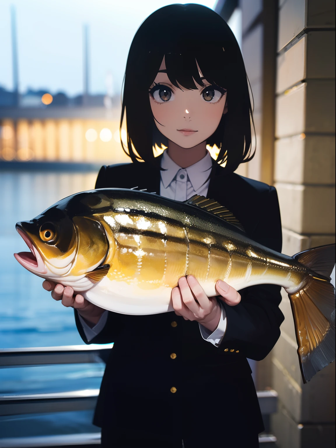 ((((catching a big blackbass by the lakeside)))),((Best Quality, masutepiece :1.3)),((( large mouth bass))),hight resolution,ultra-detailliert,Official art,Beauty and aesthetics,masterpiece,best qualtiy,ighly detailed,(1 Japanese woman),Black hair, long eyeslashes, Solid Circle Eyes, deadpan, drop shadow, Atmospheric perspective,Super Detail, ccurate, Best Quality, small brest,(Black jacket:1.1),top-quality, 8K, nffsw, Hi-Res, absurderes:1.2, blurry backround, bokeh dof:1.2, a picture, (Raw photography:1.2), (Photorealsitic:1.4), (masterpiece:1.3), (intricate detailes:1.2), Atmospheric perspective,Super Detail, ccurate, Best Quality,