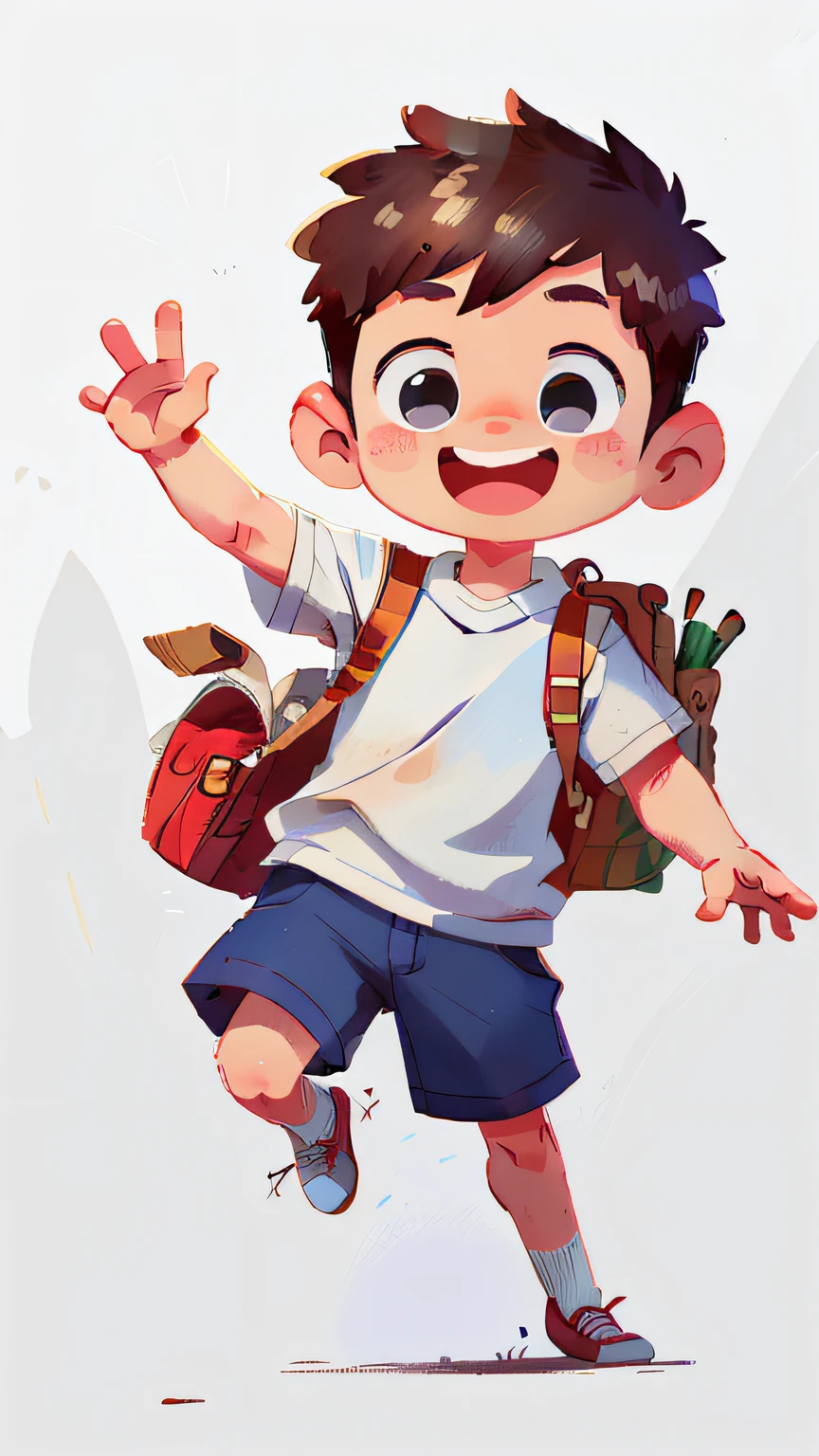 A boy, back to school, white background,
He waves to us (the viewer).
happy, happy, perfect quality, clear focus (masterpiece: 1.2) (realistic: 1.2) (bokeh) (best quality) (detailed skin: 1.3) (complex details) (8K) (detail eyes) (sharp focus), (happy) full body, clean background,white background, long view composition, 85MM SHOT