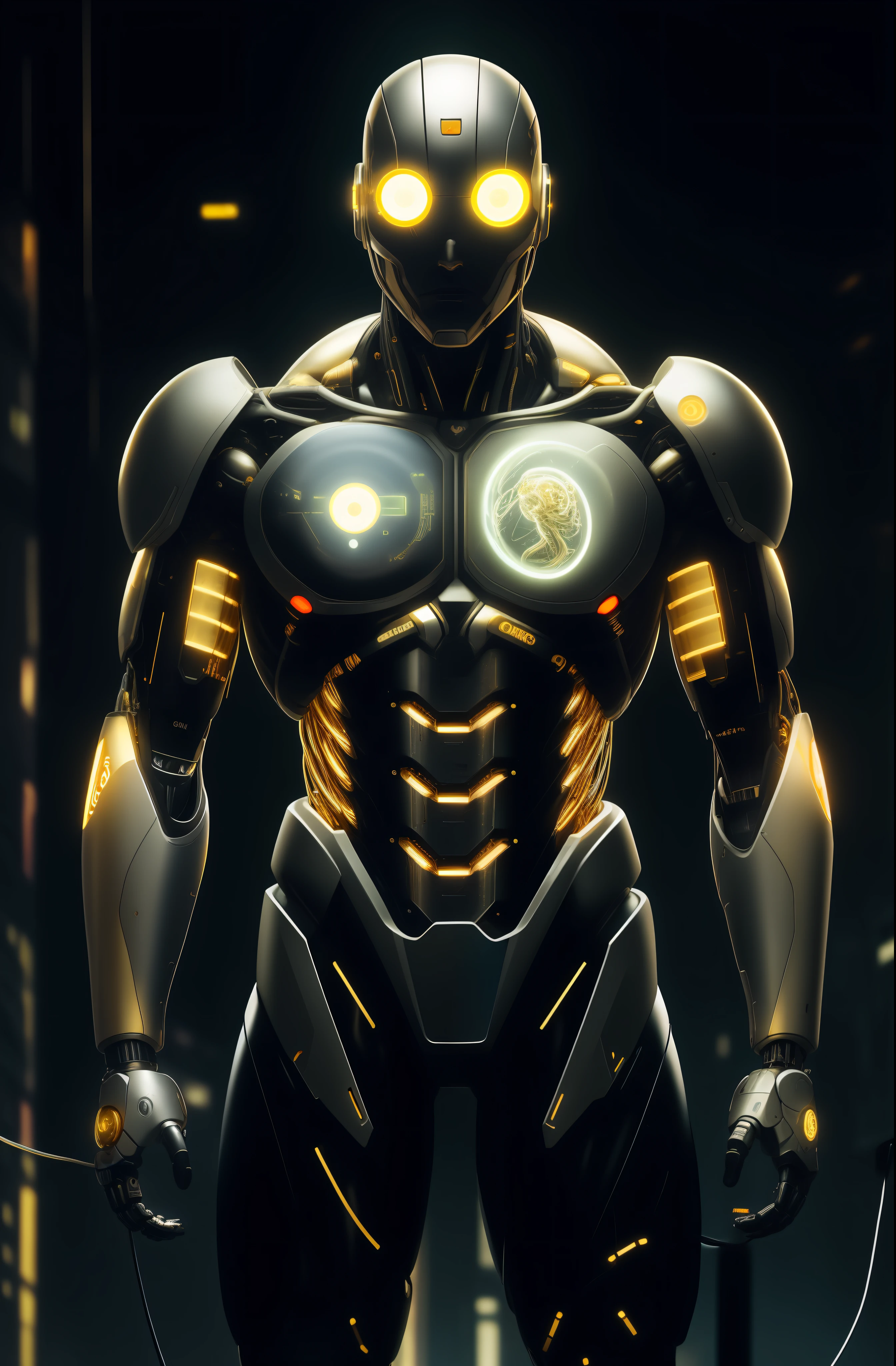 man, gold oil leaking from wires , cyborg man | with a visible detailed brain | muscles cable wires | biopunk | cybernetic | cyberpunk | Luminous light strip,Frosted silver metal,Future Technology,Fantasy Art, canon m50 | 100mm | sharp focus | smooth | hyperrealism | highly detailed | intricate details | carved