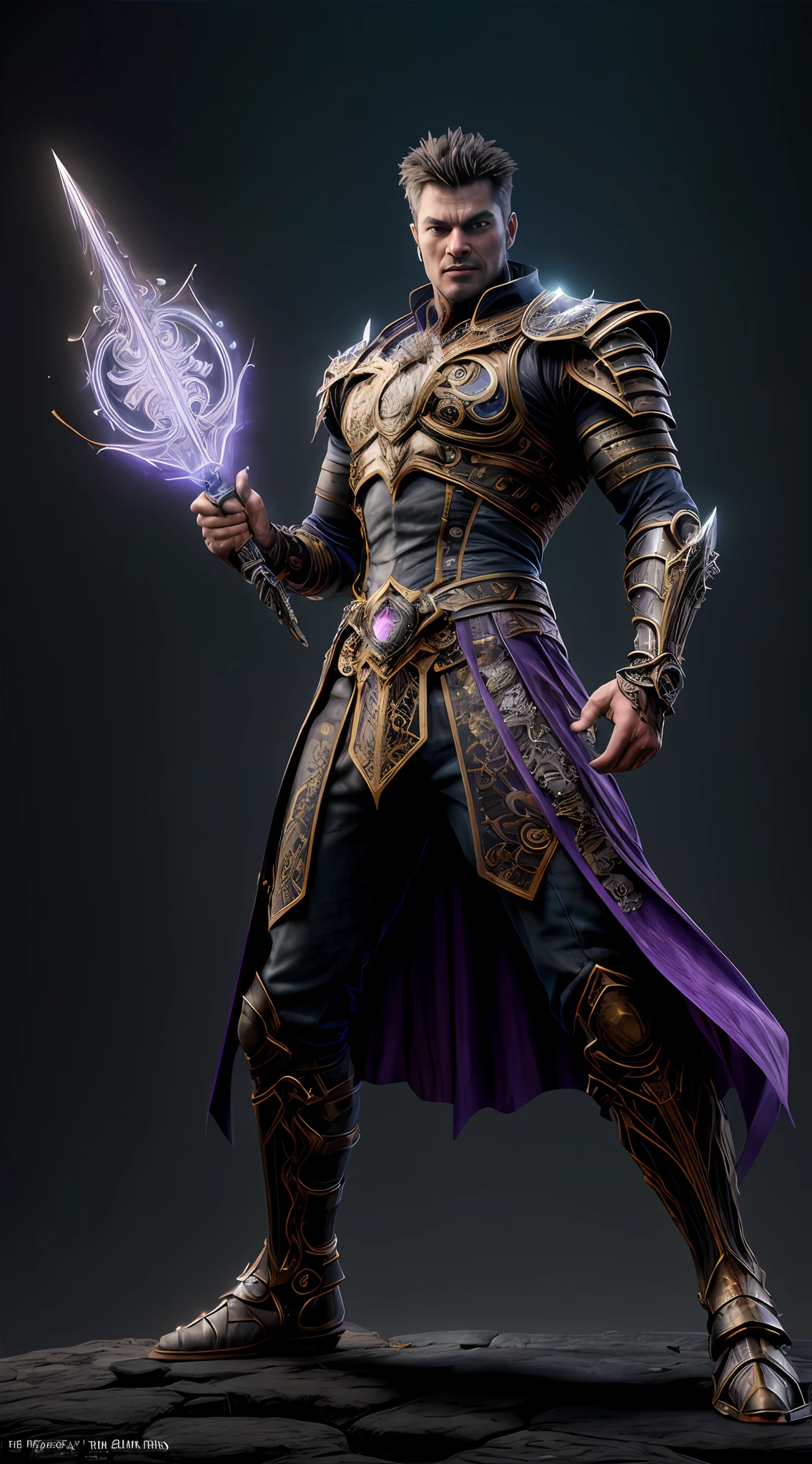 A formidable warrior stands in a dynamic pose, emanating an air of power and mystery. He wields a legendary purple sword that crackles with arcane energy, its blade humming with an otherworldly glow. The warrior's stance exudes confidence as he channels his mystical powers through the sword, casting intricate spells that swirl around him. His armor is a marvel of steampunk design, intricate gears and cogs intertwining with the flowing lines of holographic purple neon. The armor's intricate details reflect a fusion of fantasy and technology, creating an aesthetic that is both futuristic and timeless. The warrior's expression is focused, his eyes reflecting the intensity of his abilities. The environment around him is a mix of industrial and mystical elements, combining mechanical structures with ethereal energy manifestations. Art Style: Blend steampunk aesthetics with elements of magic realism, drawing inspiration from artists like Jakub Rozalski and Craig Mullins. Camera: Capture him in a mid-action shot with a medium shot framing, utilizing a 70mm lens for a balanced perspective. Lighting: Illuminate the scene with a mix of ambient and dramatic lighting, emphasizing the neon highlights on the armor and the radiant energy surrounding the warrior. Render: Aim for a highly detailed and textured finish that brings out the intricate design of the armor and the magic effects. Resolution: Opt for a 8K resolution to capture every nuance of the scene