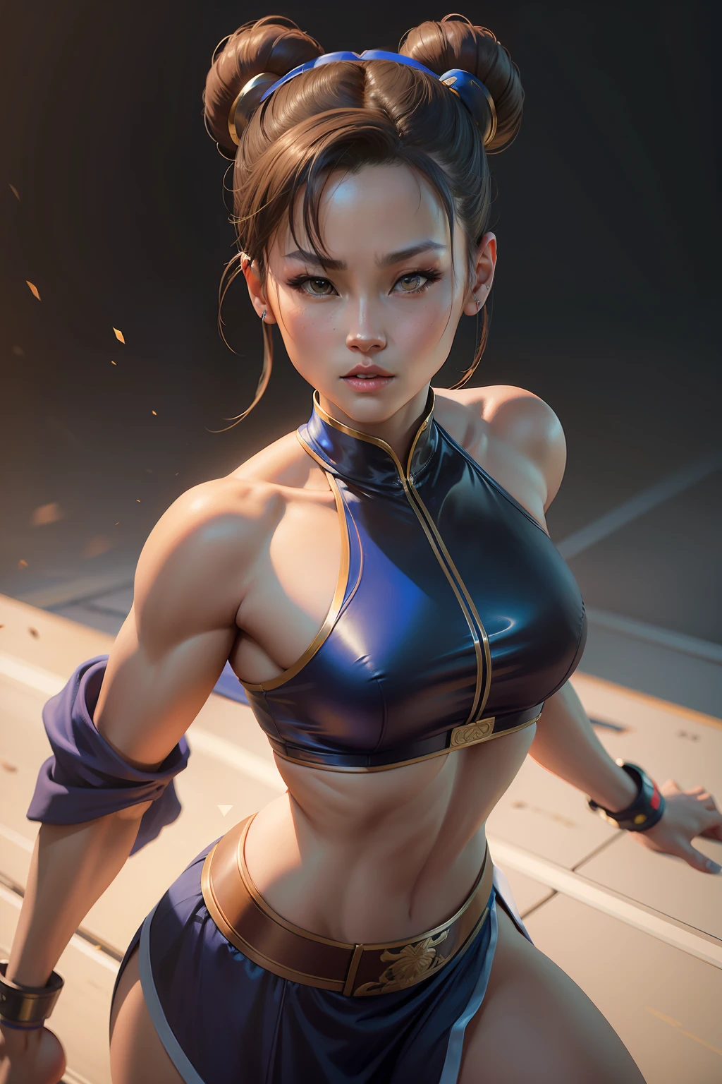 Chun- li，Bun head，Sleek and modern，8K，Realistic painting style，tmasterpiece