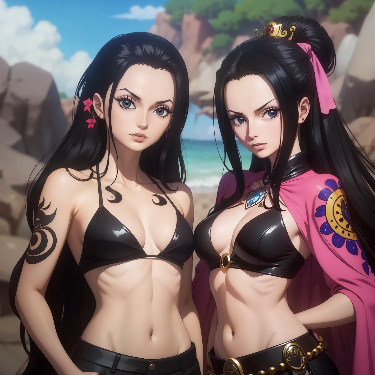 melhor qualidade, mulher de olhos vermelhos sentada, poser, Man King of the Pirates com uma tatuagem de dragão, espadachim usando duas katanas, lado a lado, rindo, felizes, Bonito, Pose para foto, sentados nico robin e luffy duas pessoas, a man with medium black hair and a woman with long black hair