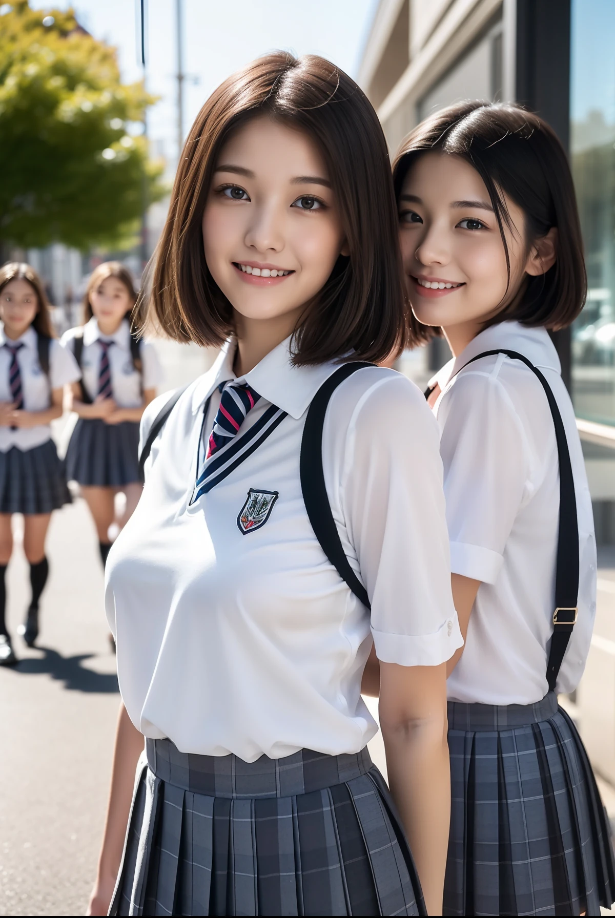 (((full bodyesbian)))、(((Girls' High School Uniforms)))、18year old、Posing、a beauty girl、Beautiful breasts、japanese beauty girl、Beautiful butt、((short-hair))、Perfect style、beauty legs、kawaii、((a miniskirt))、(((1人)))、((In the street))、Transcendent cute、A slight smil、full bodyesbian、((Outstanding style))、((Healthy body))、Short-cut hairstyles 、Japanese high school girl、Photorealsitic、Beautiful detailed eyes、Hyper-Realism、highcontrast、Ultra HD、realistic skin textures、Top image quality、top-quality、超A high resolution、Fine details、Very meticulously