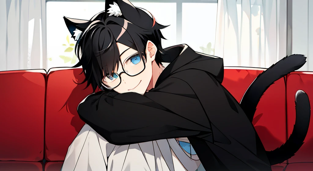 boy boy, black hair, wear round glasses, blue eyes, shyness, Hugging stuffed animals, Wear an oversize hoodie, white socks, cat ears, cat tail, smiling, sit down  the couch