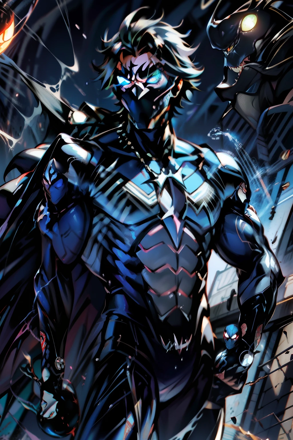 《the original god》Arataki Kazuto , male people， chest muscle， Sexy , Venom symbiote for your body, Black mucus of the body , into venom, venomize，Black bodysuit，（Cloak），Red cape，Abs，（Adult male）（（Venom possession，venom symbiote）），over-Tortoise Man，Battle damage，((Masterpiece)), ((Best quality)), Ultra detailed,((illustration)), Dynamic Angle, Detailed light, (Delicate eyes), Floating, 1boy, Male focus, Head, Clothing, Yellow eyes, necklace, tattoo, (Forehead:0.8), (ahoge:0.8), jewelry, brunette color hair,apathy，Ray， chest muscle， Sexy , Venom symbiote for your body, Black mucus of the body , （into venom）, Venom，frontage，Bust photo，White tight-fitting top，spiderman outfit，style of anime4 K， 4K anime wallpaper， Badass anime 8 K， 4 k comic wallpaper， young anime man， Anime boys， Anime wallpapers 4 k， Anime wallpaper 4K， High quality anime art style， Anime moe art style， Anime art wallpaper 8 K， Anime art wallpaper 4 K， RGB lighting，