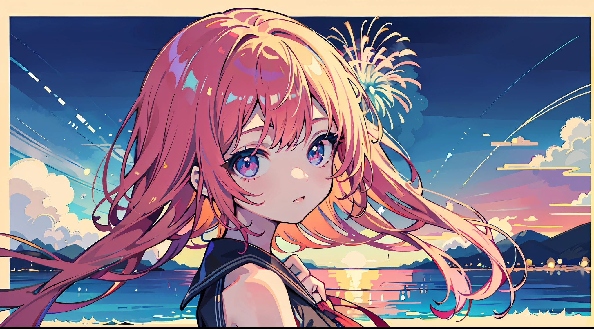 s girl,summer day,Side face,Delicate face,Superbly detailed eyes,nigh sky,Fireworks all over the sky,Detailed background
