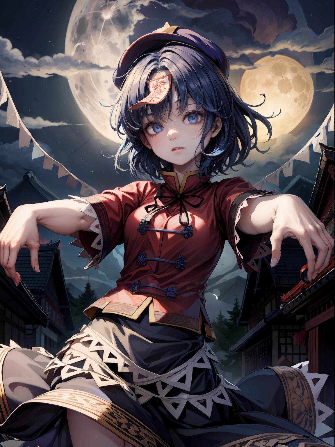 1girl,hat,star hat ornament,ofuda,blue hair,short hair,blue eyes,tangzhuang,red shirt,short sleeves, skirt,pale skin, jiangshi,
zombie pose, outstretched arms,natta、burial site、The moon is out、Beautiful sky、master piece,perfect body, detail eye,