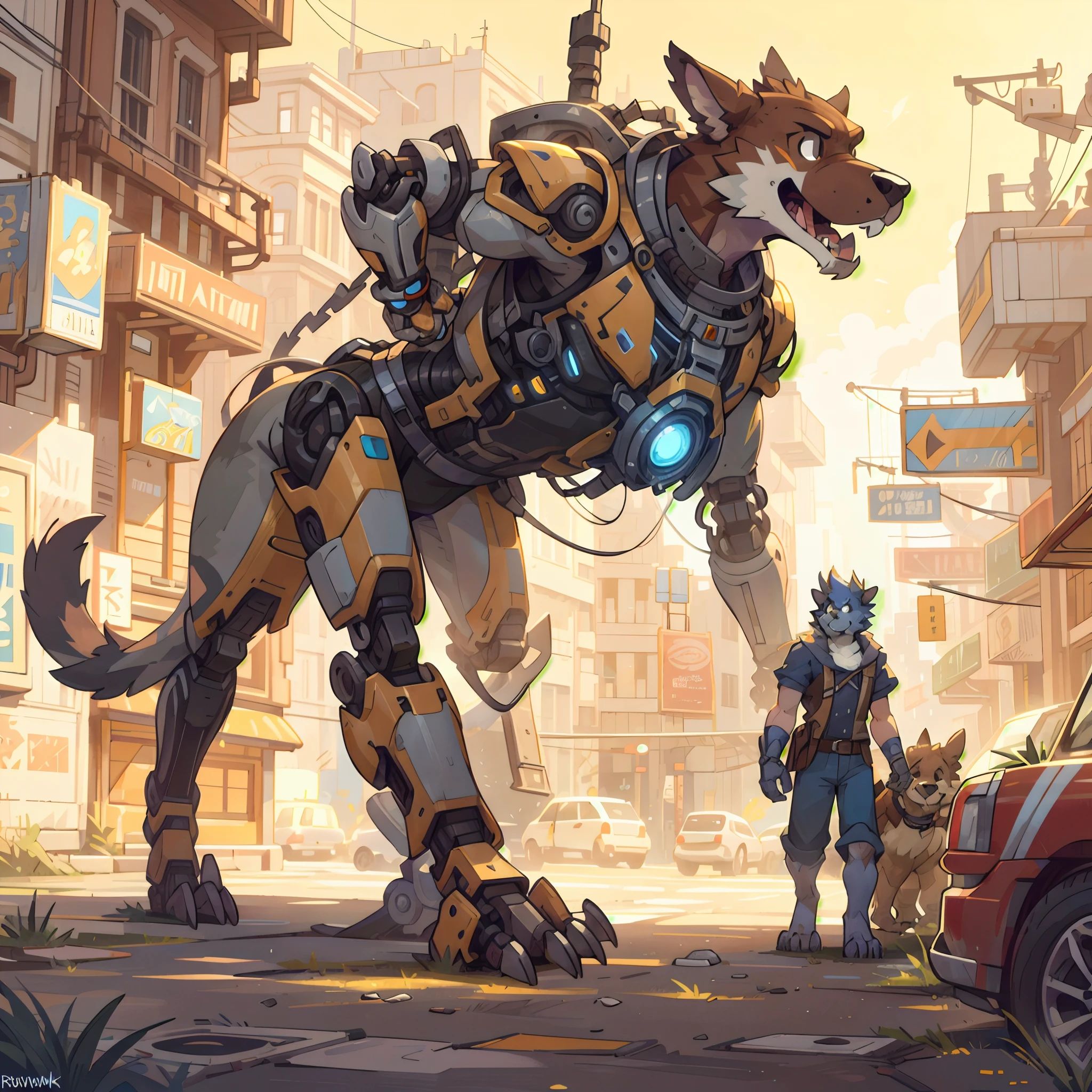 top quality, High-quality illustrations by Johannes Vermeer, masterpiece, Dark_Fantasy, Cyberpunk, steam punk(super handsome boy, single, kemono)Mechanical marvel, Robotic presence, Cybernetic guardian, wearing a worn-out mech suit, intricate(steel metal, rusty)(furry anthro:1.7)(Furry body, dog facial features, dog body features)elegant, clear focus, shot by greg rutkowski, soft lighting, vibrant colors, masterpiece((street))cowboy shot, dynamic pose,