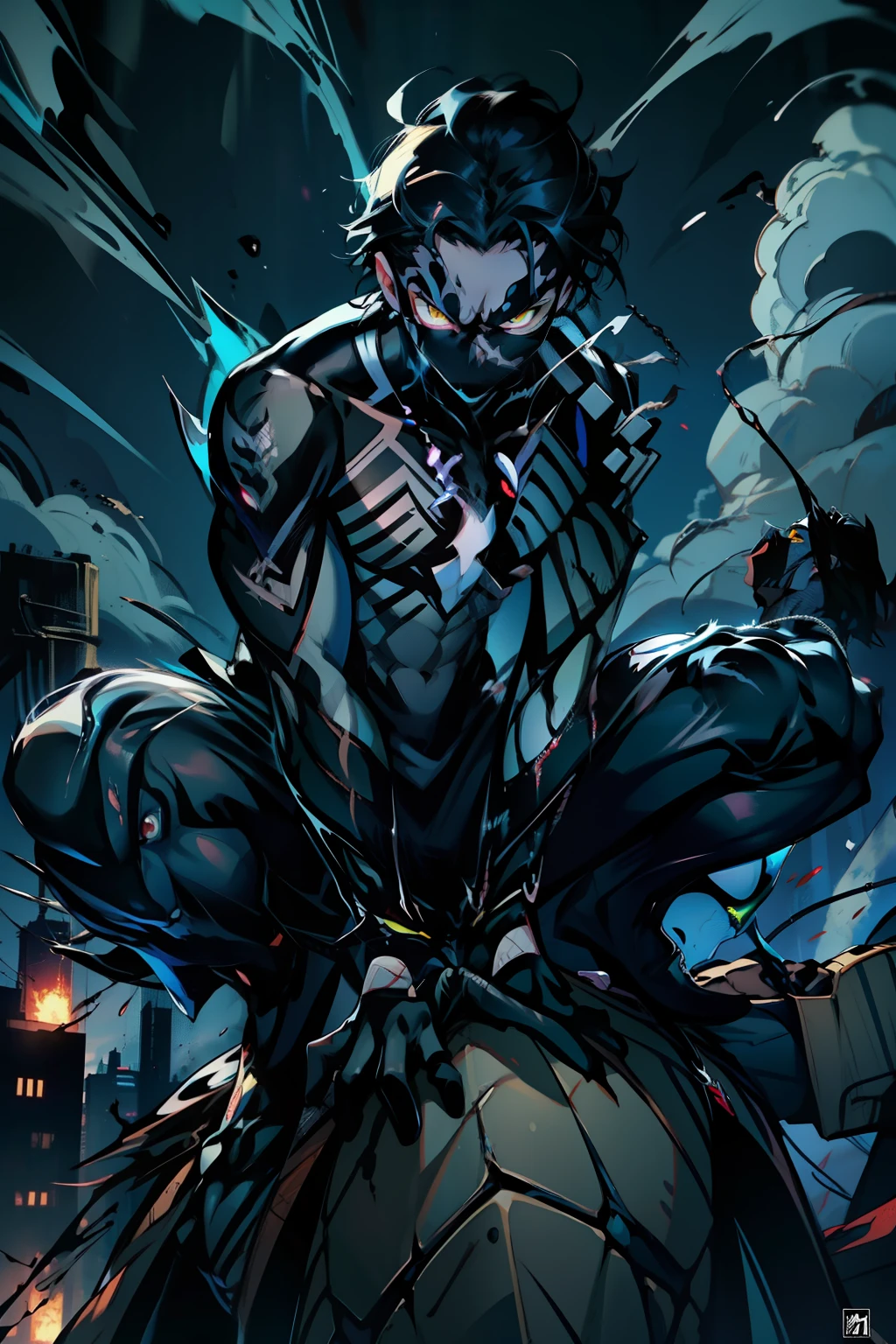 《the original god》Arataki Kazuto , male people， chest muscle， Sexy , Venom symbiote for your body, Black mucus of the body , into venom, venomize，Black bodysuit，（Cloak），Red cape，Abs，（Adult male）（（Venom possession，venom symbiote）），over-Tortoise Man，Battle damage，((Masterpiece)), ((Best quality)), Ultra detailed,((illustration)), Dynamic Angle, Detailed light, (Delicate eyes), Floating, 1boy, Male focus, Head, Clothing, Yellow eyes, necklace, tattoo, (Forehead:0.8), (ahoge:0.8), jewelry, brunette color hair,apathy，Ray， chest muscle， Sexy , Venom symbiote for your body, Black mucus of the body , （into venom）, Venom，frontage，Bust photo，White tight-fitting top，spiderman outfit，style of anime4 K， 4K anime wallpaper， Badass anime 8 K， 4 k comic wallpaper， young anime man， Anime boys， Anime wallpapers 4 k， Anime wallpaper 4K， High quality anime art style， Anime moe art style， Anime art wallpaper 8 K， Anime art wallpaper 4 K， RGB lighting，