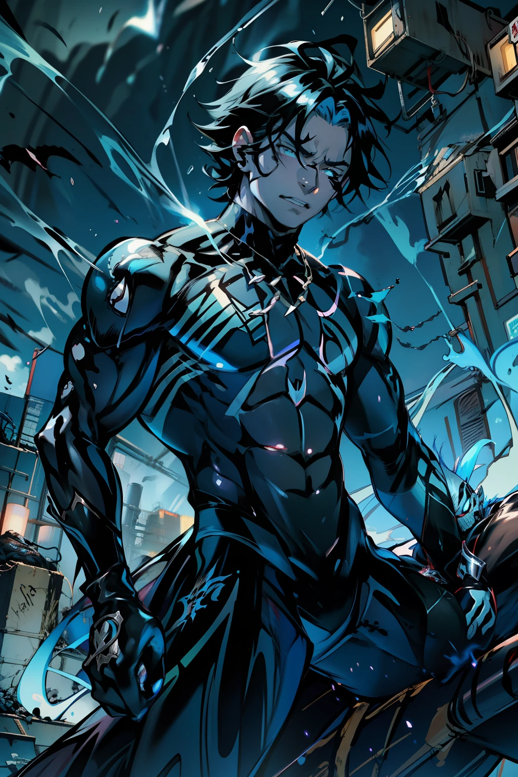 《the original god》Arataki Kazuto , male people， chest muscle， Sexy , Venom symbiote for your body, Black mucus of the body , into venom, venomize，Black bodysuit，（Cloak），Red cape，Abs，（Adult male）（（Venom possession，venom symbiote）），over-Tortoise Man，Battle damage，((Masterpiece)), ((Best quality)), Ultra detailed,((illustration)), Dynamic Angle, Detailed light, (Delicate eyes), Floating, 1boy, Male focus, Head, Clothing, Yellow eyes, necklace, tattoo, (Forehead:0.8), (ahoge:0.8), jewelry, brunette color hair,apathy，Ray， chest muscle， Sexy , Venom symbiote for your body, Black mucus of the body , （into venom）, Venom，frontage，Bust photo，White tight-fitting top，spiderman outfit，style of anime4 K， 4K anime wallpaper， Badass anime 8 K， 4 k comic wallpaper， young anime man， Anime boys， Anime wallpapers 4 k， Anime wallpaper 4K， High quality anime art style， Anime moe art style， Anime art wallpaper 8 K， Anime art wallpaper 4 K， RGB lighting，