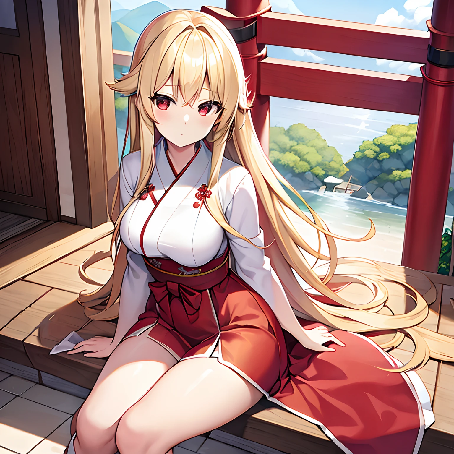 a blond、red eyes、Beautiful girl alone、独奏、animesque、White priestess uniform、Red Hakama、torii gate、a miniskirt、sitting on