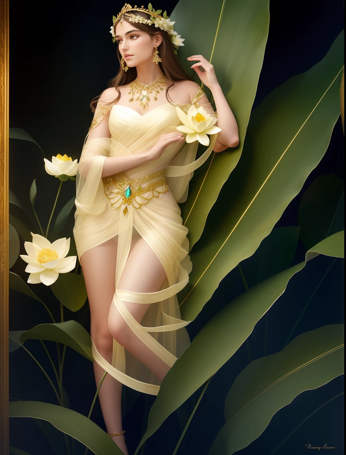 In the void, Beautiful virgins leisurely standing on green leaves dancing，The body is entangled with flowers and green leaves，A lotus flower squeezed in his hand，The head is tilted slightly to the right，white streamer，Delicate and radiant skin，Barefoot，（Long curved eyebrows），Beautiful eyes sparkle，The large, Jewel-like eyes sparkle，Clear pupils have reflected light，二重まぶた，Lying silkworm，looks into camera，（（Plump and rosy lips）） Clearly visible，（（Flushed cheeks）），The mandible is plump，Green skin is delicate and smooth，Delicate skin translucent，The streamers on the body are wrapped around the leaves，jewel embellishment，A delicate and dexterous crown，inlaid gemstones，Delicate and skillfully set gemstones，（Yellow dress），Perfectly designed jewelry is exquisite，Beautiful eyes looking directly at the camera，(((nice hand)))，（（（（Good feet））），（（（good legs））），realisticlying，white skinned，（（Correct body structure）），Golden costume，Blue sky，Head background with round light，Behind him is a colorful rainbow circle，Color glow is turned on，Front lighting，Positive light，No shadows on the face，There are no shadows on the body，Blue sky，Unreal space，ethereal world，dreamworld，with blue sky and white clouds，tmasterpiece，4K，ultra-definition，professional photoshooting，Perspective looks up，Standard lens shooting，