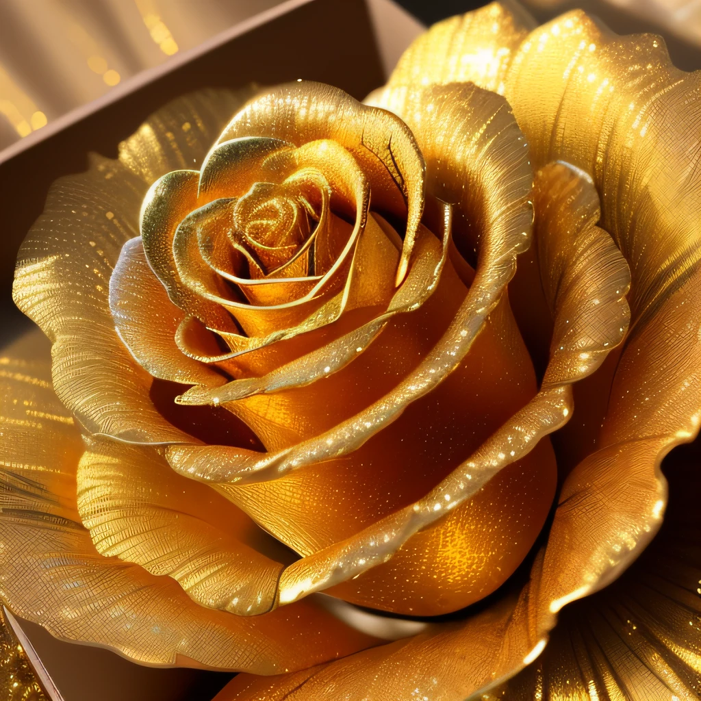 There is a gold rose that is sitting in a box, flores de ouro, banhado a ouro, Flores douradas, flores e ouro, flores em flocos de ouro, ouro realista, ouro cintilante, ouro rosa, incrivelmente realista, tons de ouro exibir naturalmente, ouro, extremamente intrincado, detalhes intrincados dourados, brilho dourado, elegante e altamente detalhado, ouro dourado, Requintadamente detalhado