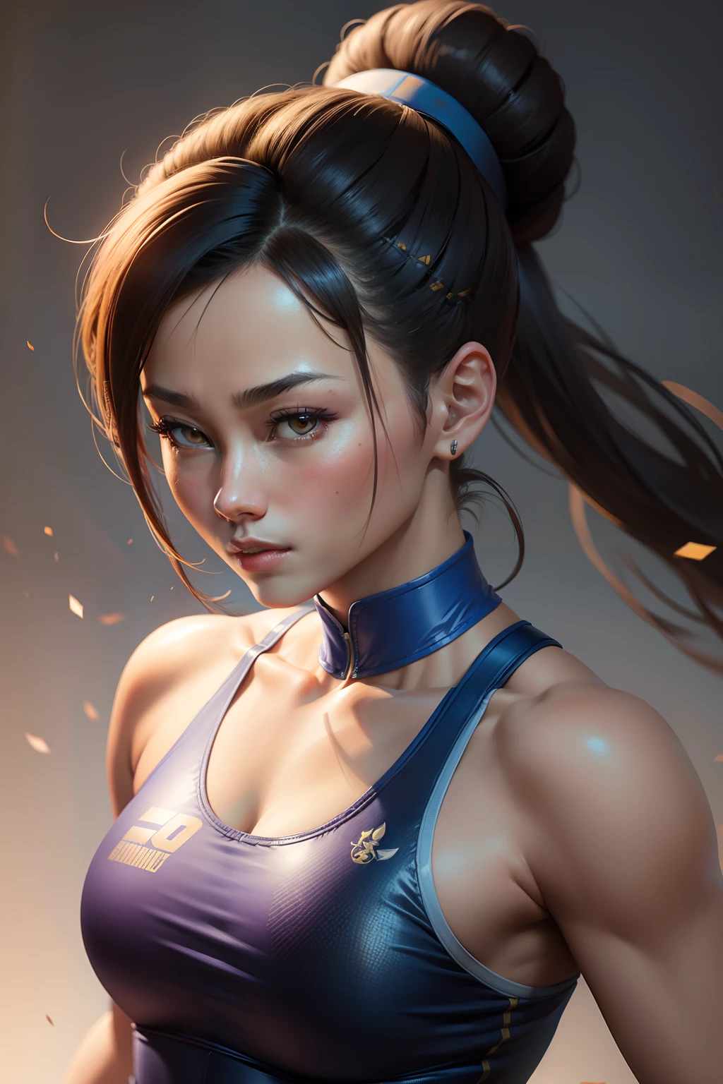 Chun- li,Bun head,Sleek and modern,sporty attire,8K,Realistic painting style,tmasterpiece