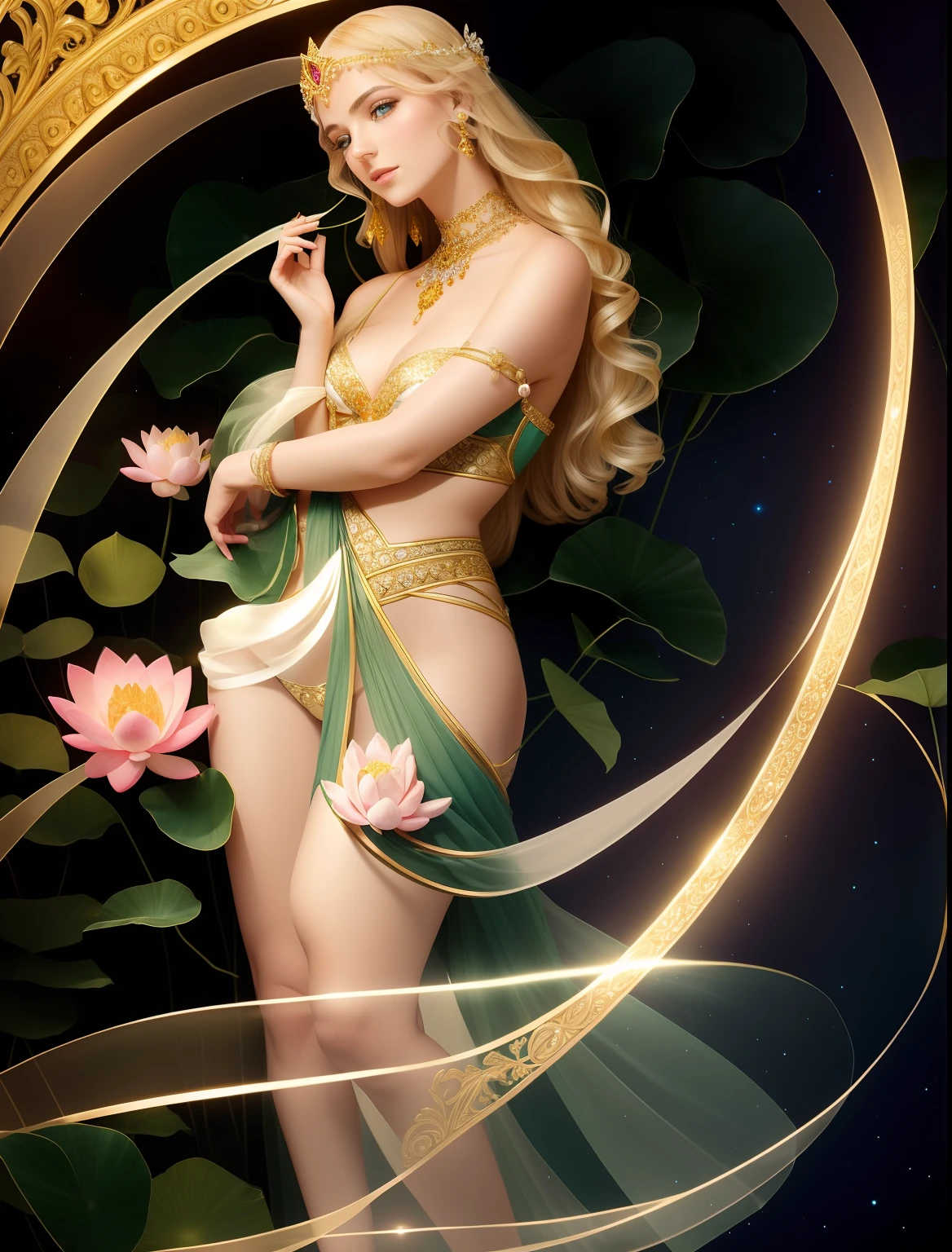 In the void, Beautiful virgins leisurely standing on green leaves dancing,The body is entangled with flowers and green leaves,A lotus flower squeezed in his hand,The head is tilted slightly to the right,white streamer,Delicate and radiant skin,Barefoot,(Long curved eyebrows),Beautiful eyes sparkle,The large, Jewel-like eyes sparkle,Clear pupils have reflected light,二重まぶた,Lying silkworm,looks into camera,((Plump and rosy lips)) Clearly visible,((Flushed cheeks)),The mandible is plump,Green skin is delicate and smooth,Delicate skin translucent,The streamers on the body are wrapped around the leaves,jewel embellishment,A delicate and dexterous crown,inlaid gemstones,Delicate and skillfully set gemstones,(Yellow dress),Perfectly designed jewelry is exquisite,Beautiful eyes looking directly at the camera,(((nice hand))),((((Good feet))),(((good legs))),realisticlying,white skinned,((Correct body structure)),Golden costume,Blue sky,Head background with round light,Behind him is a colorful rainbow circle,Color glow is turned on,Front lighting,Positive light,No shadows on the face,There are no shadows on the body,Blue sky,Unreal space,ethereal world,dreamworld,with blue sky and white clouds,tmasterpiece,4K,ultra-definition,professional photoshooting,Perspective looks up,Standard lens shooting,
