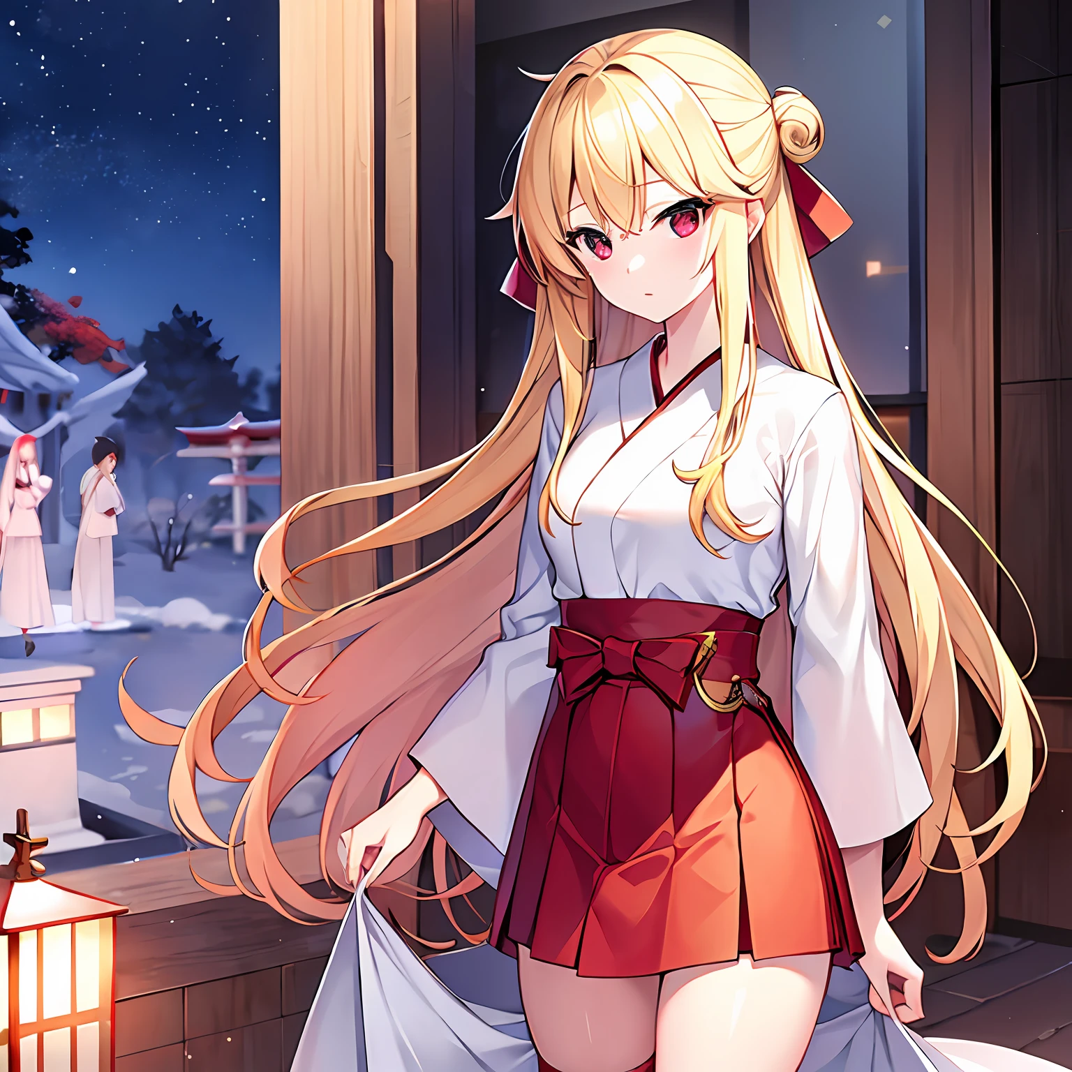 a blond、red eyes、Beautiful girl alone、独奏、animesque、White priestess uniform、Red Hakama、a miniskirt