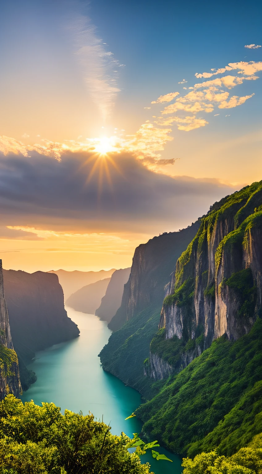 Masterpiece, ultimate quality, Cg unity 8k wallpaper, super delicate, beautiful sky and clouds, rich natural scenery, cliffs, lakes and rivers, waterfalls and flying water, beautiful green mountains, no trace of people, excellent scenery, has already won a photo contest, background Blurring, full depth of field, HDR high dynamics, true restoration, intricate, extreme details, dramatic presentation, perfectly presenting the style of midjourney art.