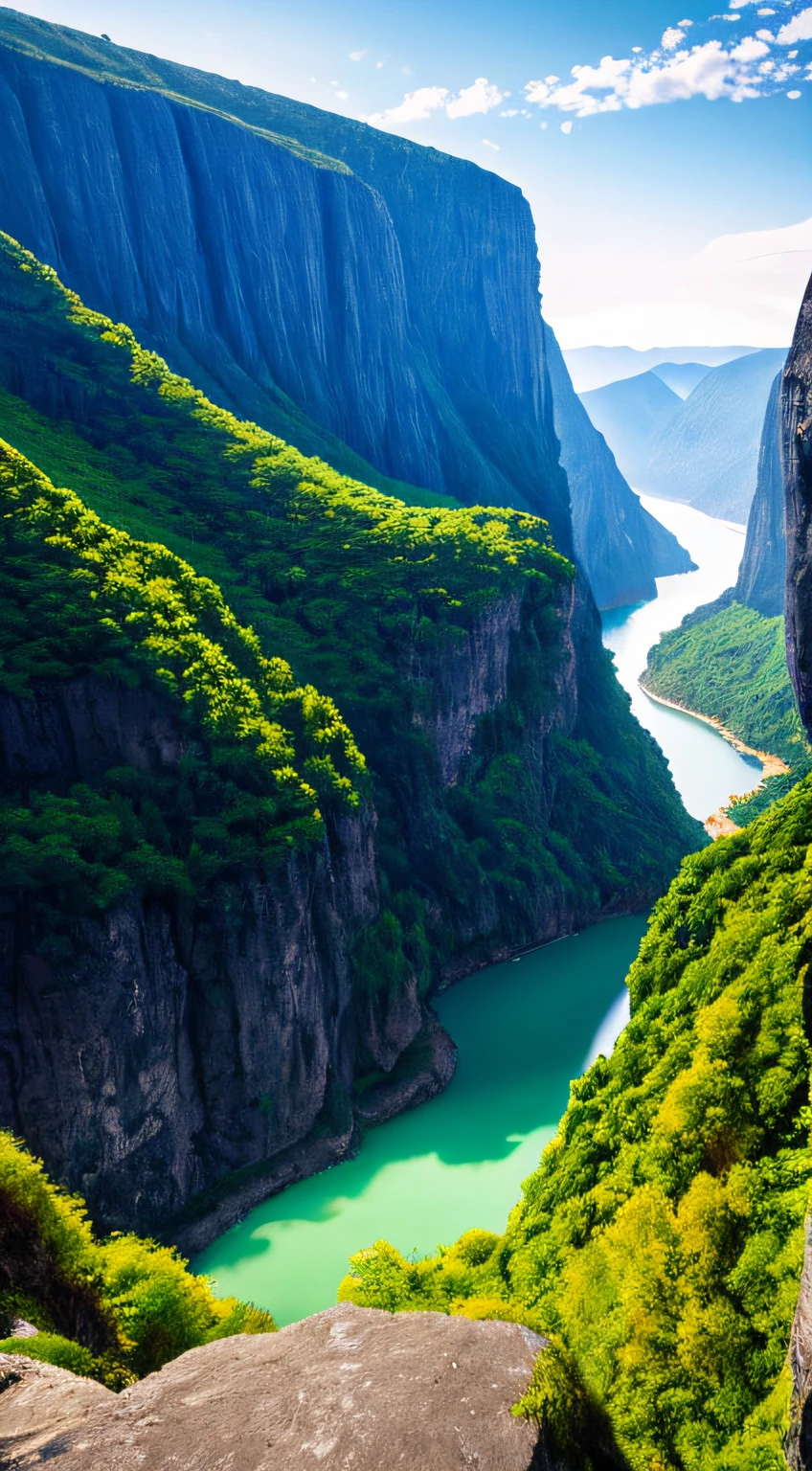 Masterpiece, ultimate quality, Cg unity 8k wallpaper, super delicate, beautiful sky and clouds, rich natural scenery, cliffs, lakes and rivers, waterfalls and flying water, beautiful green mountains, no trace of people, excellent scenery, has already won a photo contest, background Blurring, full depth of field, HDR high dynamics, true restoration, intricate, extreme details, dramatic presentation, perfectly presenting the style of midjourney art.