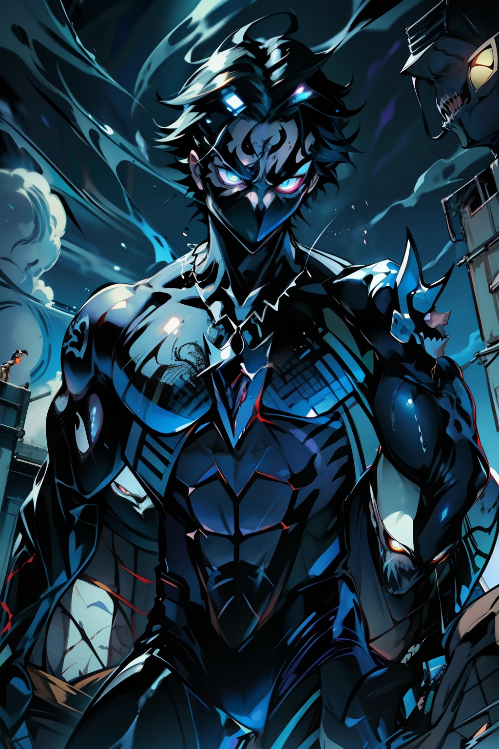 《the original god》Arataki Kazuto , male people, chest muscle, Sexy , Venom symbiote for your body, Black mucus of the body , into venom, venomize,Black bodysuit,(Cloak),Red cape,Abs,(Adult male)((Venom possession,venom symbiote)),over-Tortoise Man,Battle damage,((Masterpiece)), ((Best quality)), Ultra detailed,((illustration)), Dynamic Angle, Detailed light, (Delicate eyes), Floating, 1boy, Male focus, Head, Clothing, Yellow eyes, necklace, tattoo, (Forehead:0.8), (ahoge:0.8), jewelry, brunette color hair,apathy,Ray, chest muscle, Sexy , Venom symbiote for your body, Black mucus of the body , (into venom), Venom,frontage,Bust photo,White tight-fitting top,spiderman outfit,style of anime4 K, 4K anime wallpaper, Badass anime 8 K, 4 k comic wallpaper, young anime man, Anime boys, Anime wallpapers 4 k, Anime wallpaper 4K, High quality anime art style, Anime moe art style, Anime art wallpaper 8 K, Anime art wallpaper 4 K, RGB lighting,