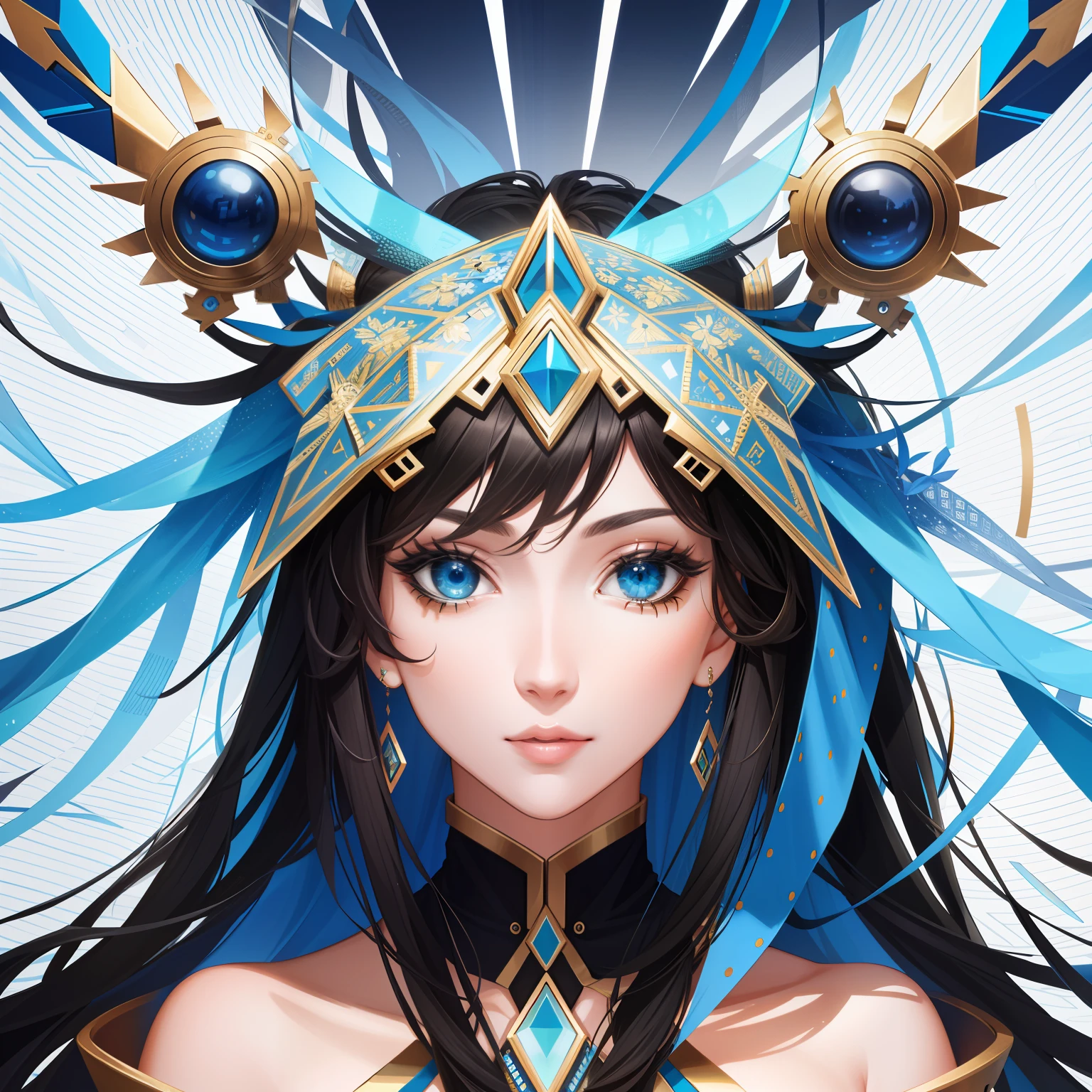 A woman with blue hair and a blue headdress - SeaArt AI