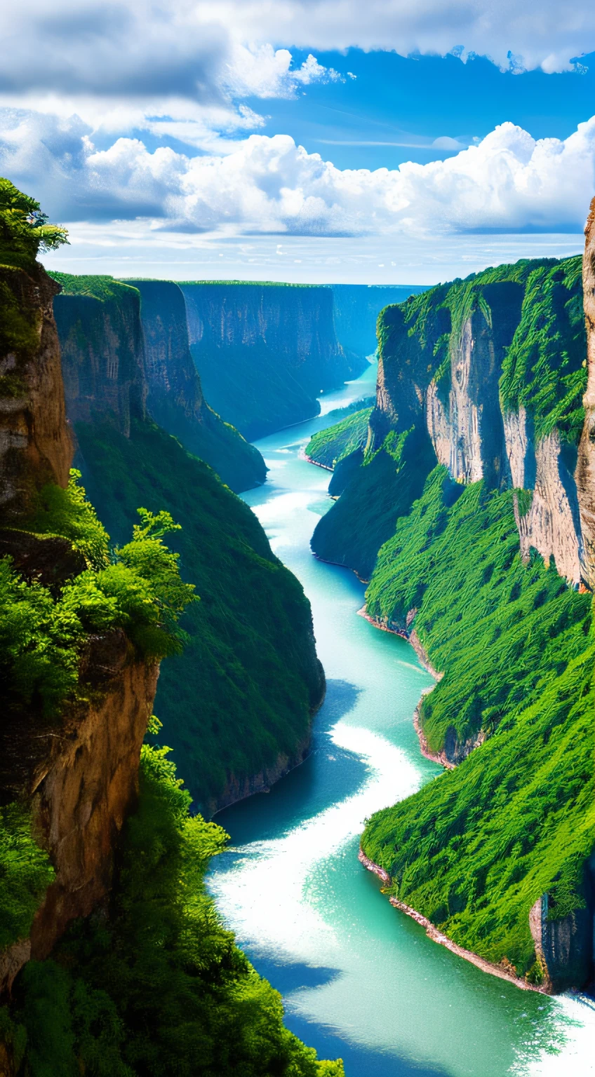 Masterpiece, ultimate quality, Cg unity 8k wallpaper, super delicate, beautiful sky and clouds, rich natural scenery, cliffs, lakes and rivers, waterfalls and flying water, beautiful green mountains, no trace of people, excellent scenery, has already won a photo contest, background Blurring, full depth of field, HDR high dynamics, true restoration, intricate, extreme details, dramatic presentation, perfectly presenting the style of midjourney art.