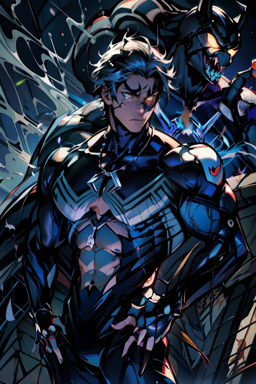 《the original god》Arataki Kazuto , male people, chest muscle, Sexy , Venom symbiote for your body, Black mucus of the body , into venom, venomize,Black bodysuit,(Cloak),Red cape,Abs,(Adult male)((Venom possession,venom symbiote)),over-Tortoise Man,Battle damage,((Masterpiece)), ((Best quality)), Ultra detailed,((illustration)), Dynamic Angle, Detailed light, (Delicate eyes), Floating, 1boy, Male focus, Head, Clothing, Yellow eyes, necklace, tattoo, (Forehead:0.8), (ahoge:0.8), jewelry, brunette color hair,apathy,Ray, chest muscle, Sexy , Venom symbiote for your body, Black mucus of the body , (into venom), Venom,frontage,Bust photo,White tight-fitting top,spiderman outfit,style of anime4 K, 4K anime wallpaper, Badass anime 8 K, 4 k comic wallpaper, young anime man, Anime boys, Anime wallpapers 4 k, Anime wallpaper 4K, High quality anime art style, Anime moe art style, Anime art wallpaper 8 K, Anime art wallpaper 4 K, RGB lighting,
