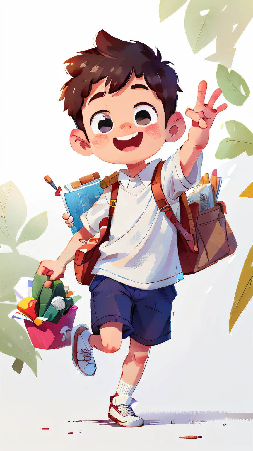 A boy, back to school, white background,
He waves to us (the viewer).
 happy, happy, perfect quality, clear focus (masterpiece: 1.2) (realistic: 1.2) (bokeh) (best quality) (detailed skin: 1.3) (complex details) (8K) (detail eyes) (sharp focus), (happy) full body, clean background,white background, long view composition, 85MM SHOT