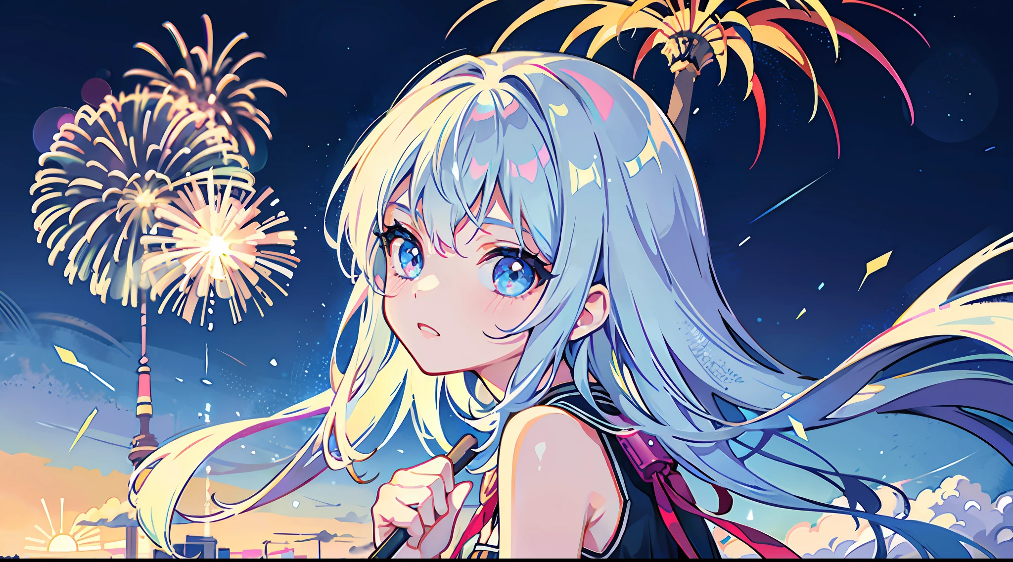 teens girl，summer day，Side face，Delicate face，Superbly detailed eyes，nigh sky，Fireworks all over the sky，Detailed background