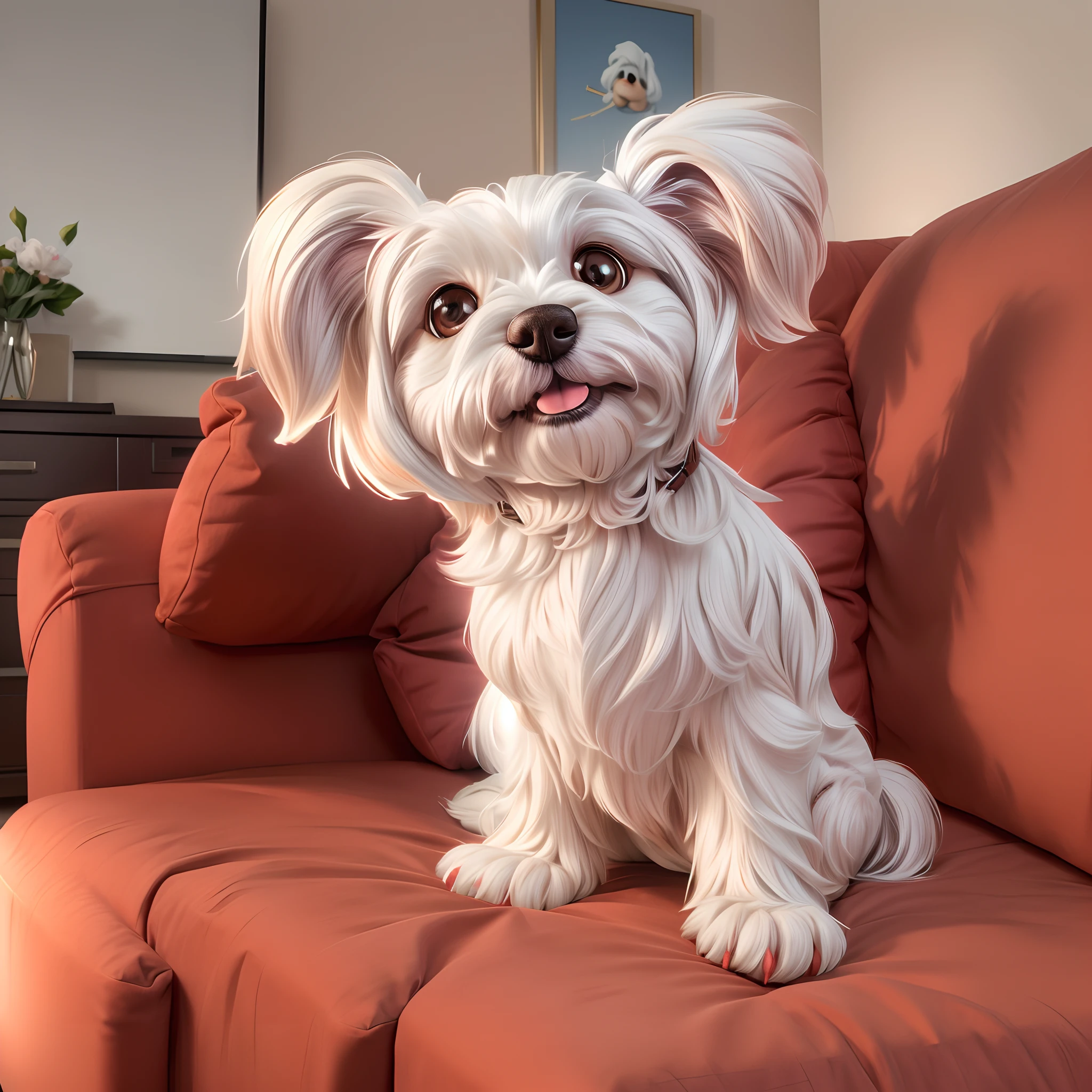 a small white (maltese dog) sitting on a ((dark brown fabric couch)) in a living room, looking at camera, pixar, disney, ultra detailed