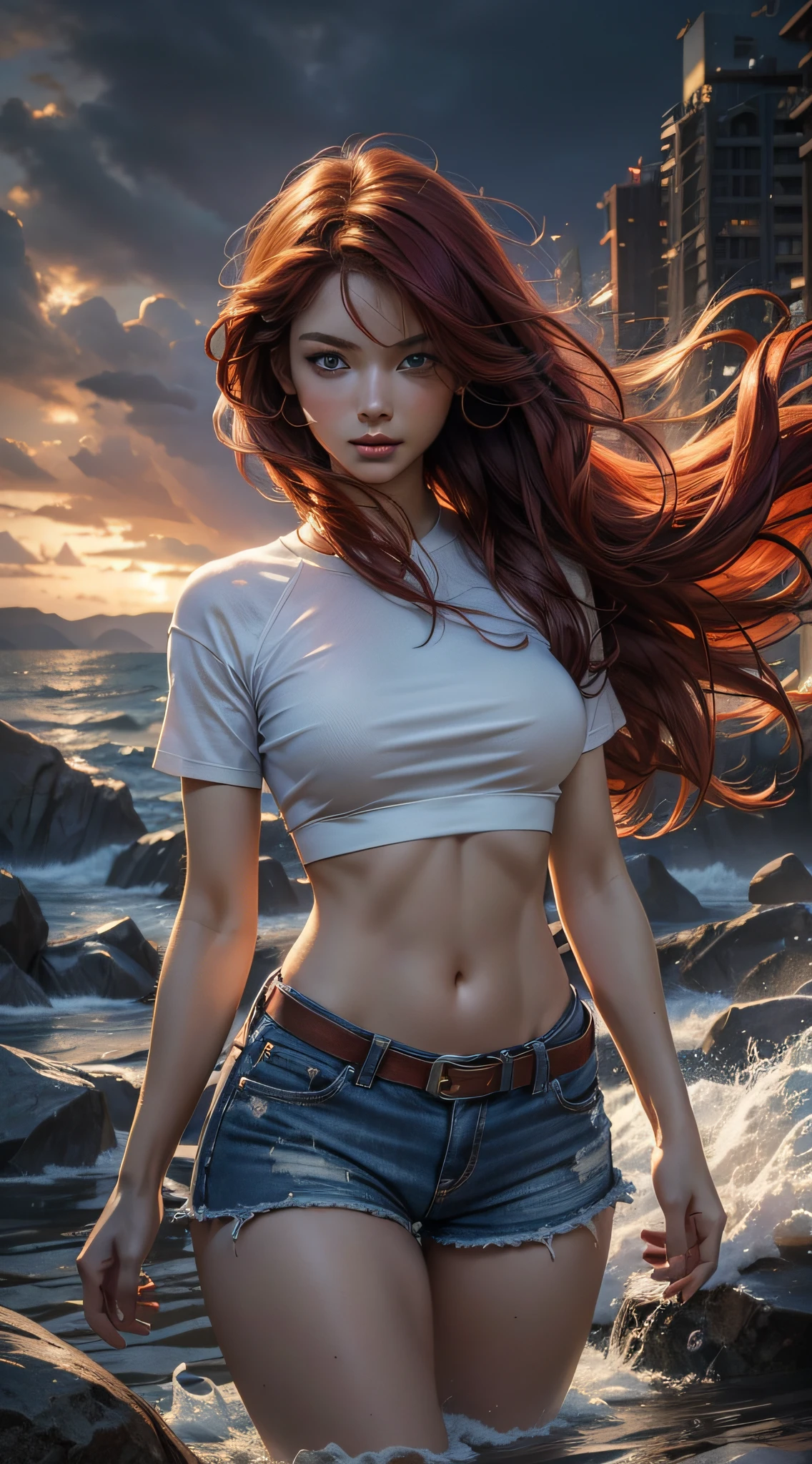 ((Best Quality)), ((Masterpiece)), (Detailed: 1.4), 8k, 1girl, blue eyes, red hair, very long hair, silky hair, big chest, slim waist, big body, defined body, thick thigh, well defined thigh. Wearing ripped micro shorts, babylook t-shirt. A concentration pose looking seriously at the viewer, low angle, view from the ground. Emitting a huge aura enveloping the entire body, a whirlpool of immense power enveloping the entire body, ki charge, intricate white aura with red aura.