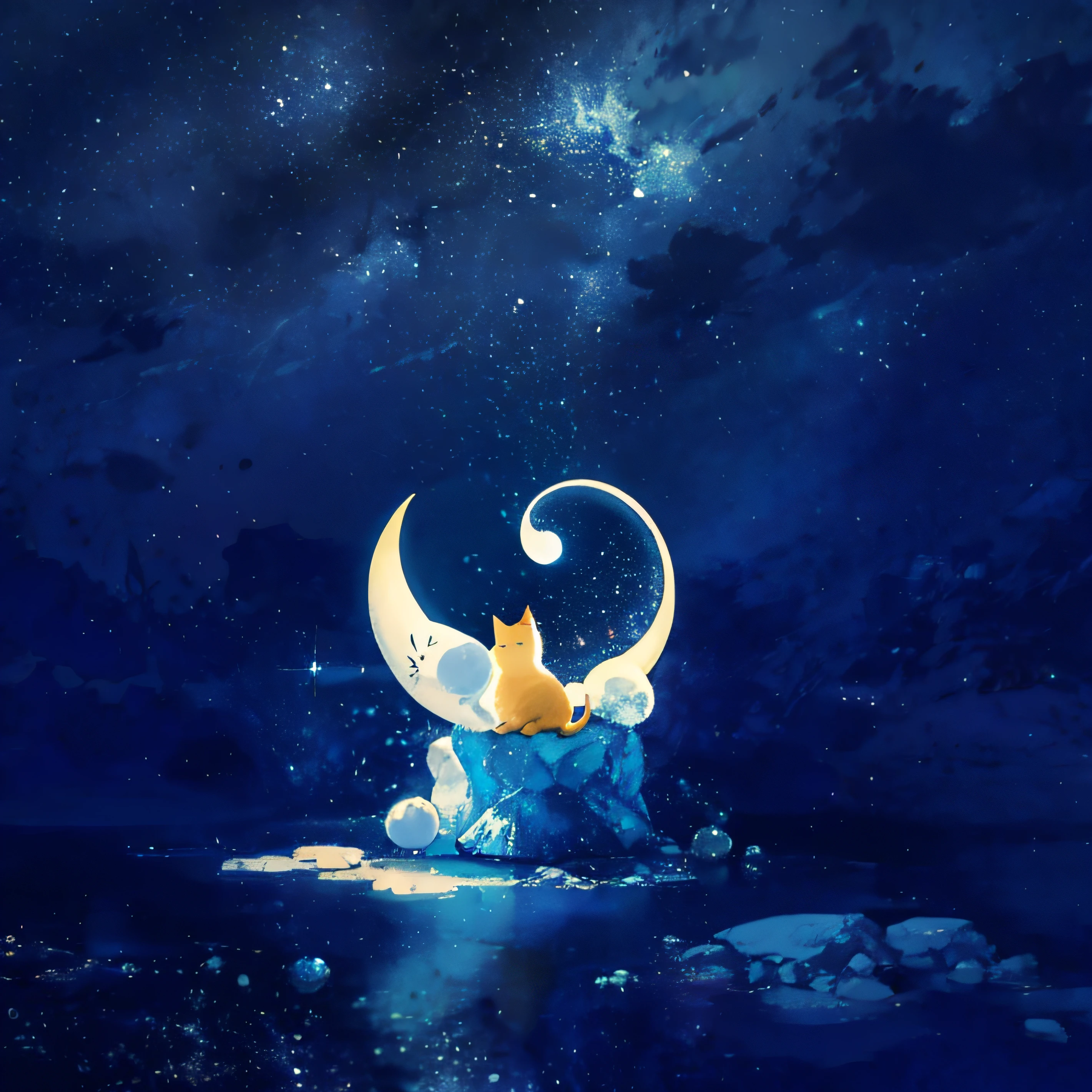 Cartoon character sitting on a crescent moon, Dream, Dreamy, dreamlike illustration,, Dream-like, in a dream world, dream concept art, Dream like, themed on the stars and moon, Cat on the Moon,Cat in Christmas hat,Highest quality,Cute,Cartoonish
