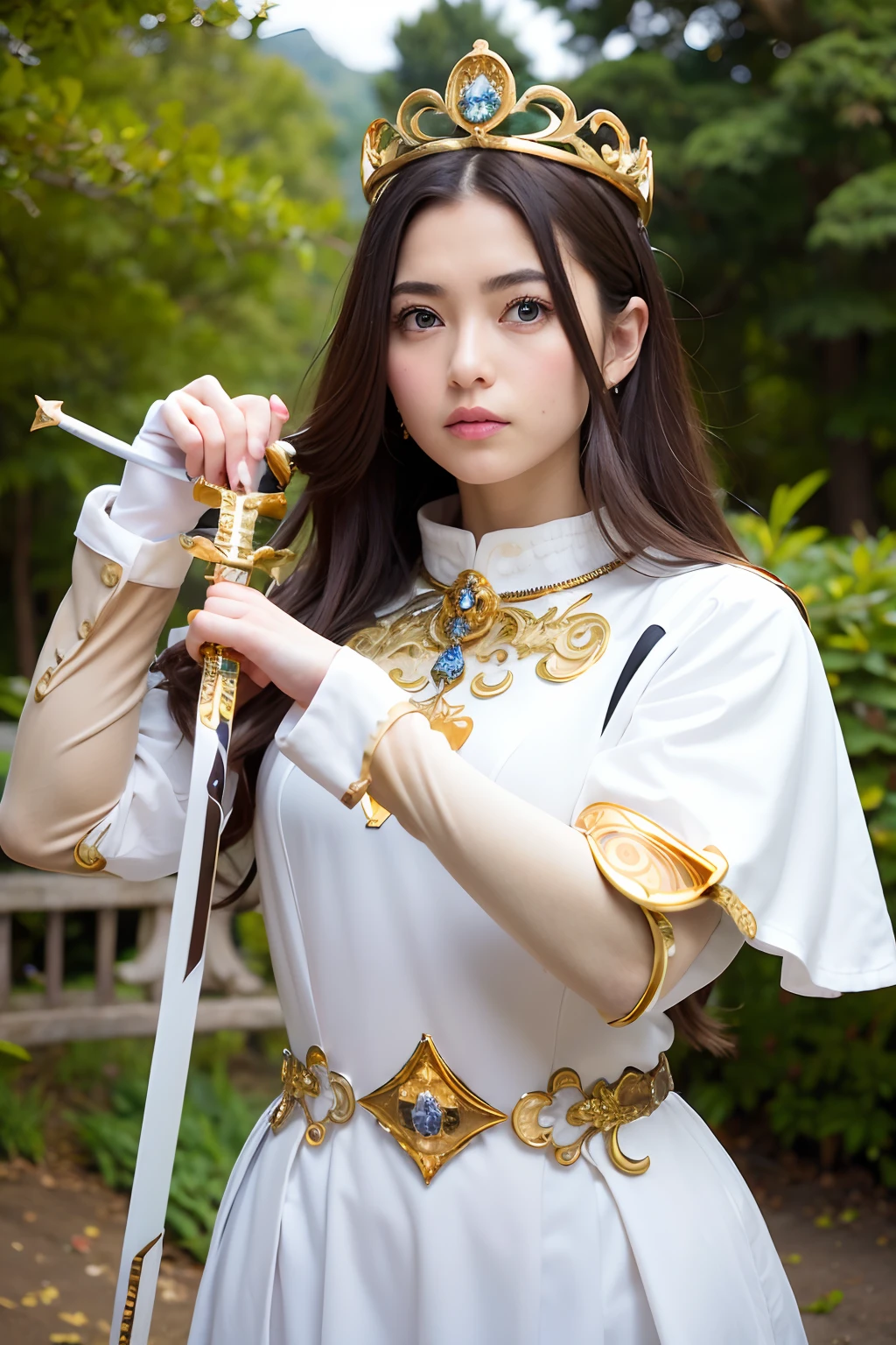 (masutepiece), Professional , ​masterpiece、top-quality、photos realistic , depth of fields （Gemstone Silver Metal Body:1.９),(Matte White、 Gold Weapon_（Metal:1.４),Gorgeous metal weapons , Detailed Sword of the Brave , Beautiful knife   ,warhammer 40k , adepta sororitas,Detail and ornate jewel crown、Brown hair、Gangle's forest background、Beautiful Caucasian Beauty、１a person、dynamic ungle,(((Detailed and ornate diamond crown)))、