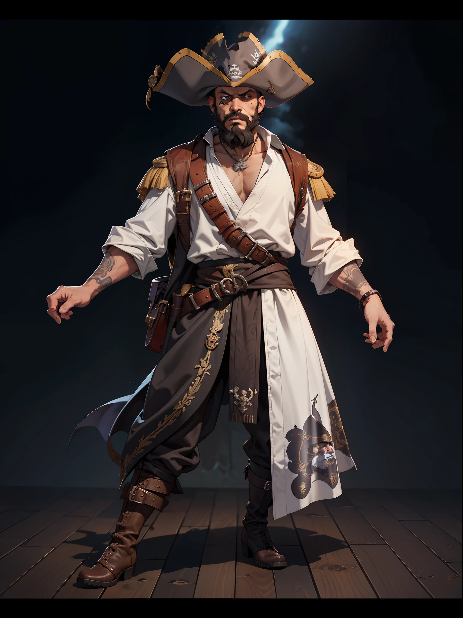 of a guy，a pirate，Beard，bald-headed，Pirate hat，robe，Hands with iron hooks，Muskets，Long boots，Fierce expression，solo person，（full bodyesbian：1.2），without background，gaming character，Game concept design，(extremly intricate:1.2),（simplebackground，white backgrounid：1.3），