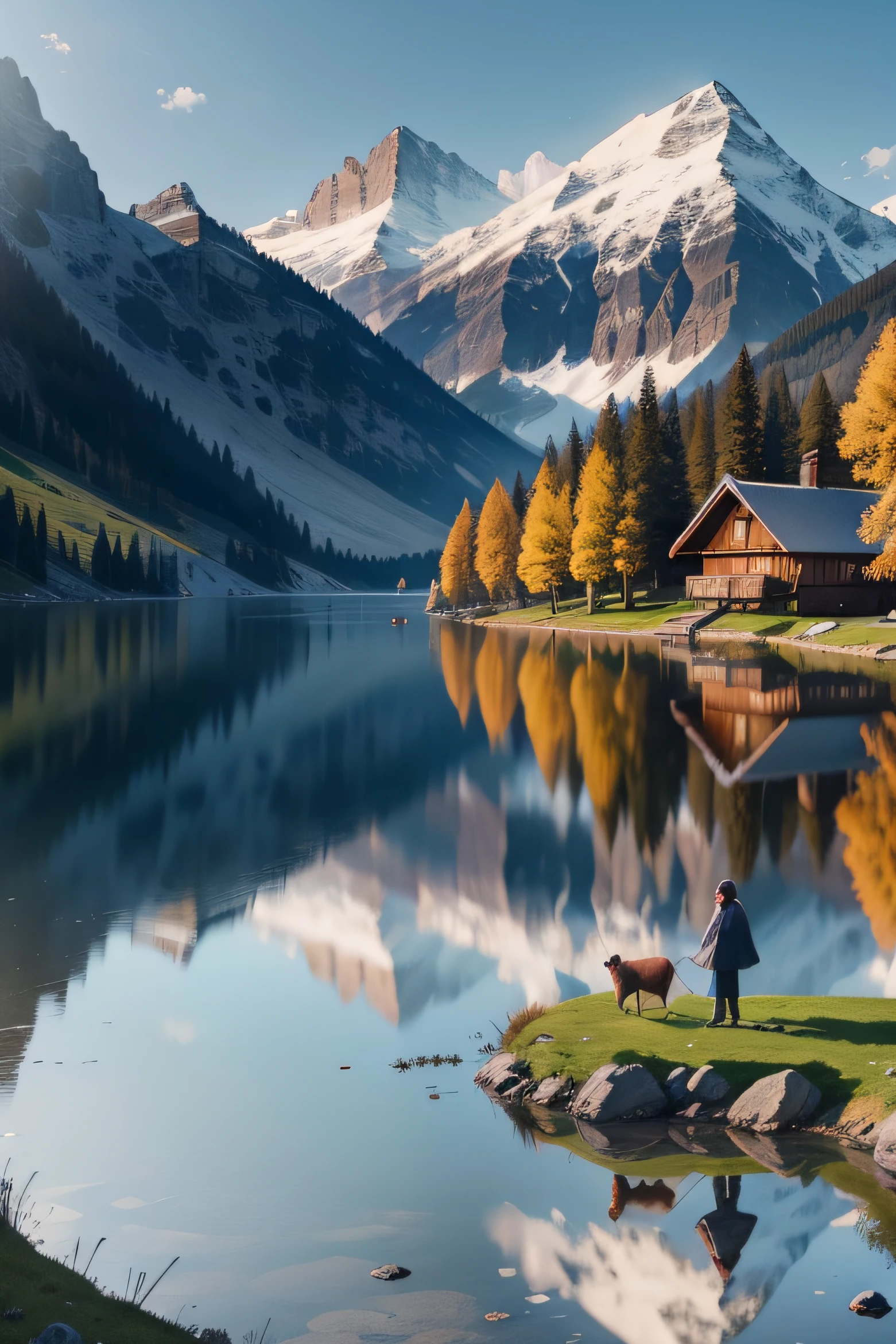 Chalet by the lake；A woman weaves cloth；A man is farming；A small child walks a dog；The chalet is backed by a large mountain；