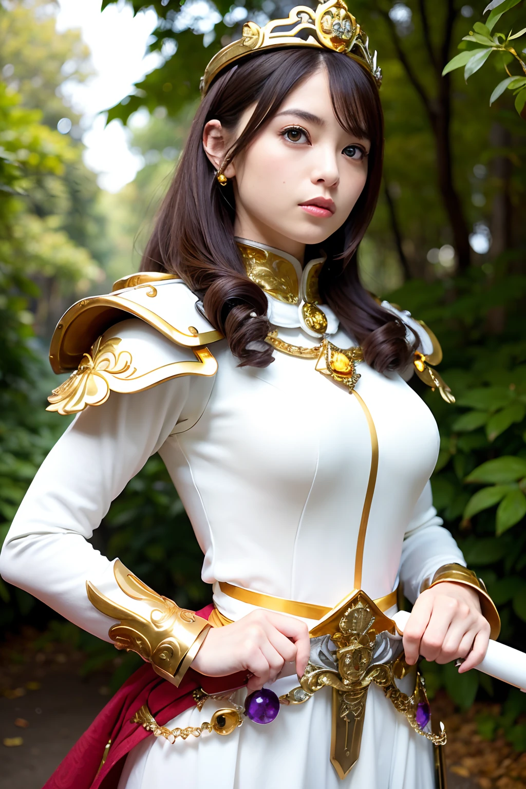 (masutepiece), Professional , ​masterpiece、top-quality、photos realistic , depth of fields （Gemstone Silver Metal Body:1.９),(Matte White、 Gold Weapon_（Metal:1.４),Gorgeous metal weapons , Detailed Sword of the Brave , Beautiful knife   ,warhammer 40k , adepta sororitas,Detail and ornate jewel crown、Brown hair、Gangle's forest background、Beautiful Caucasian Beauty、１a person、dynamic ungle,(((Detailed and ornate diamond crown)))、