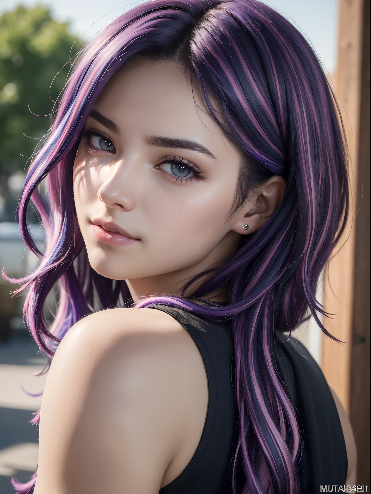 (masterpiece, best quality:1.4), (close up:1.2), 1girl, solo, (european youth:1), lady nagant, boku no hero academia, (purple hair), (multicolored hair), (purple eyes), breasts, tshirt, shorts, city park, looking at viewer, beautifull smile, beautiful face, highly detailed face, highly detailed eyes, highly detailed skin, skin pores, subsurface scattering, realistic pupils, full face blush, full lips, detailed background, depth of field, volumetric lighting, sharp focus, absurdres, realistic proportions, good anatomy, (realistic, hyperrealistic:1.4), 16k hdr,