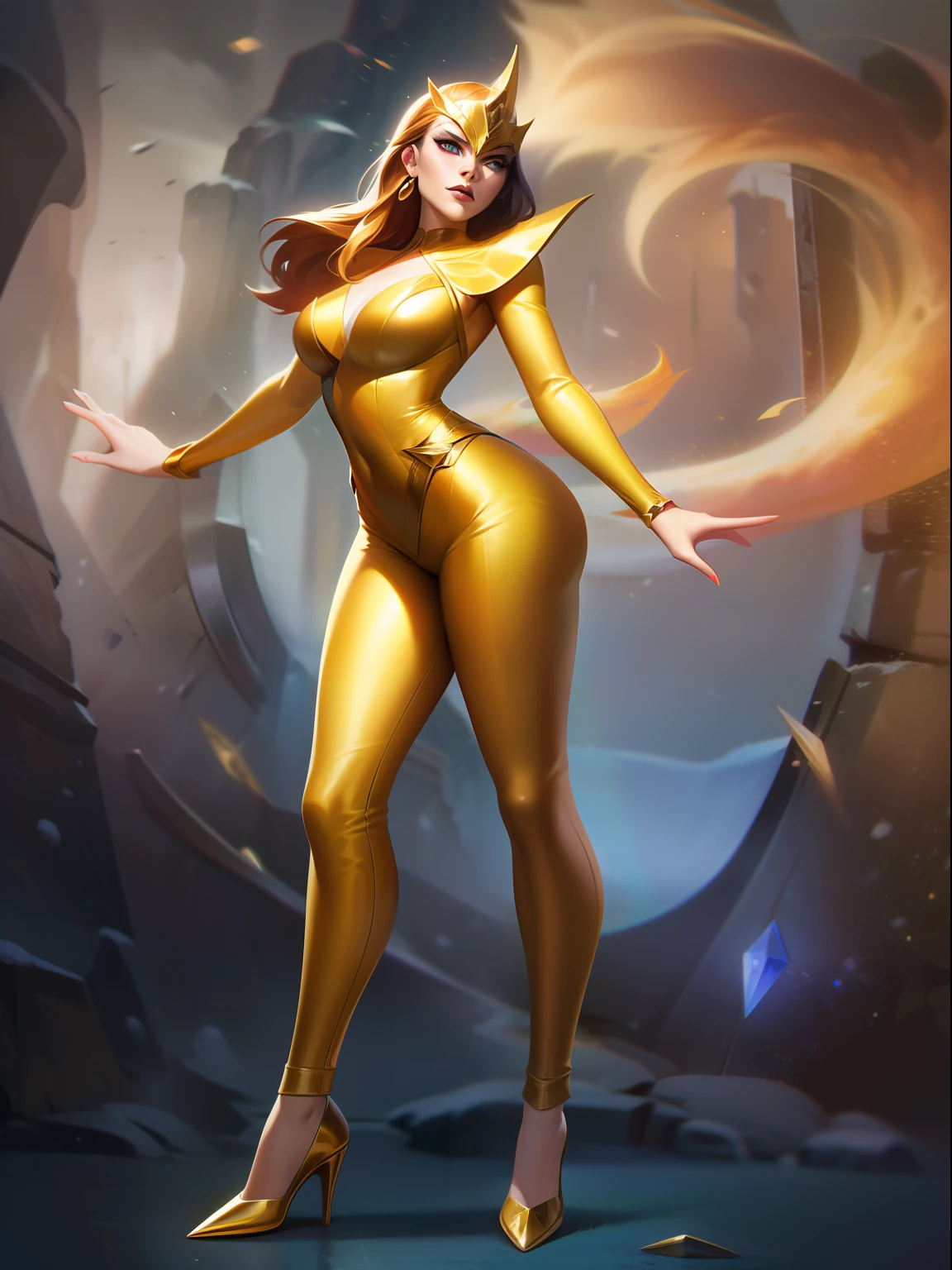 a cartoon image of a woman in a yellow shirt and brown pants, yellow crystal jewelry, full body close-up, pixie character, snow white as a fighter d &d d, wearing golden armor, full body portrait of grey jean, villain pose, official art, wearing a gossamer gold dress, space dance anime dandy, Elegant gold armor, splashart, League of Legends splashart, art, brush stroke, masterpiece, 8k, ultra detailed, HD