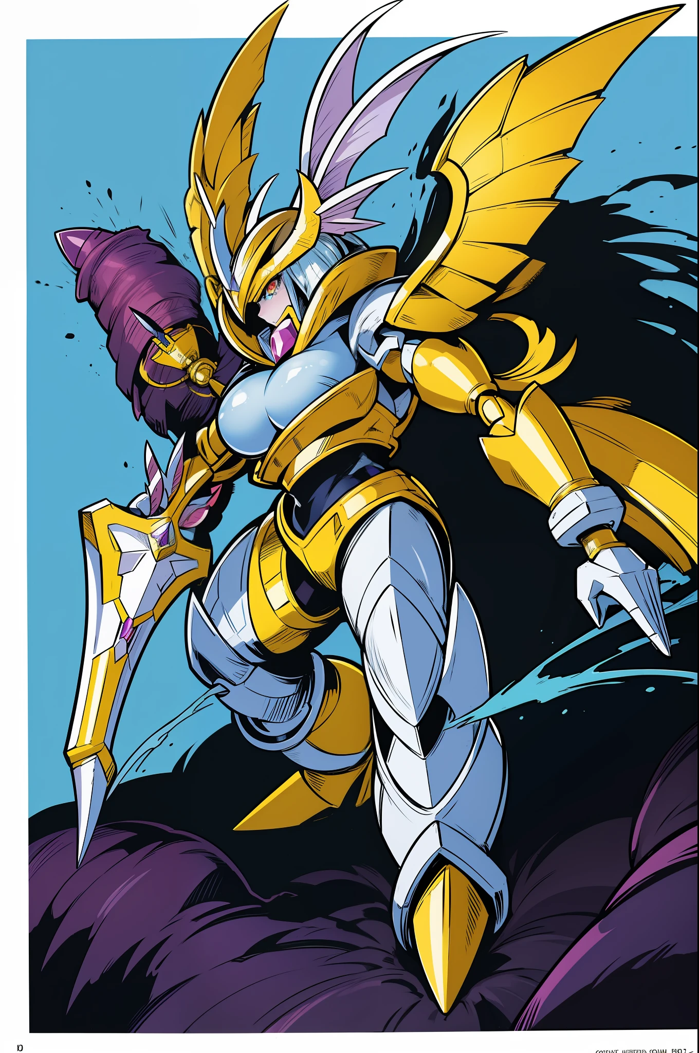 "Powerful barbarian with insect-like angelic armor, reminiscent of Digimon and Guyver, joins forces with a group of sentai heroes. The robot girl with huge breasts adds an overwhelming presence to the scene." musclegirl
