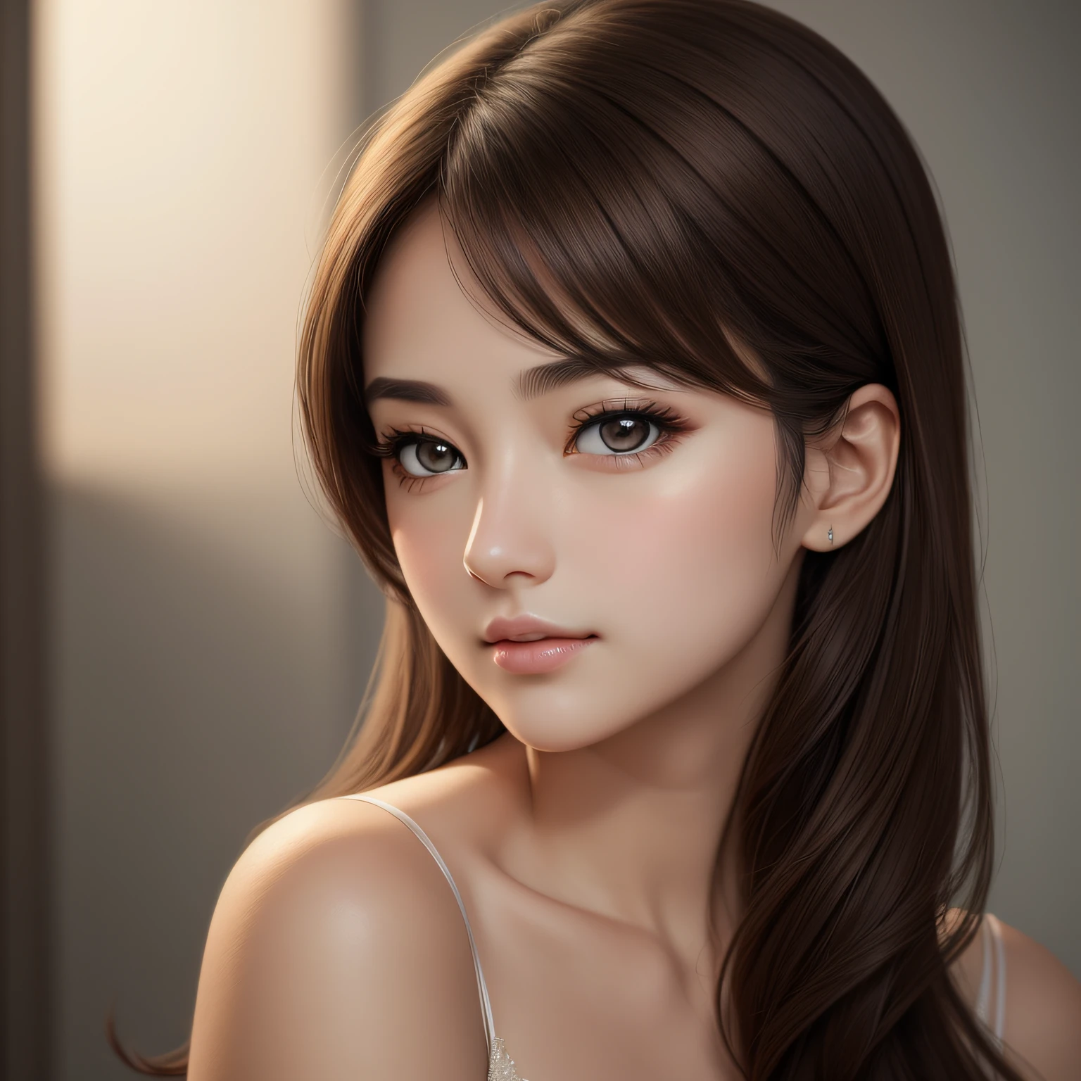 (dark brown eyes)、(Tilt head 1.3)、extremely delicate face,soft clean focus, Realistic lighting and shading, (an extremely delicate and beautiful art)1.3, Elegant, (Pastel colors)1.2,