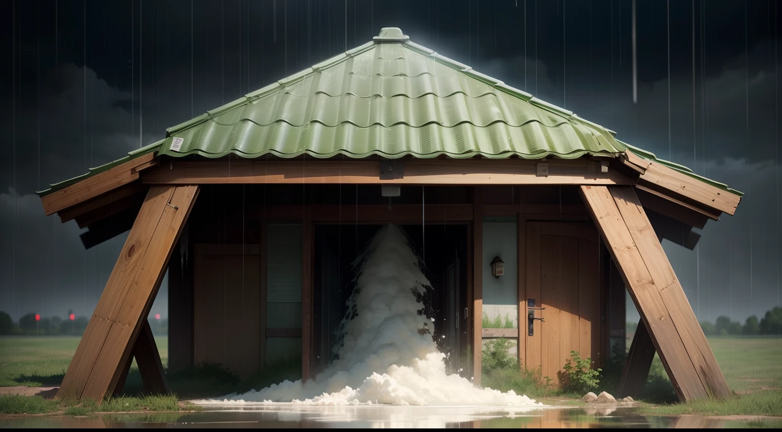 Show images of a leaking shelter during a rainstorm."in anime style