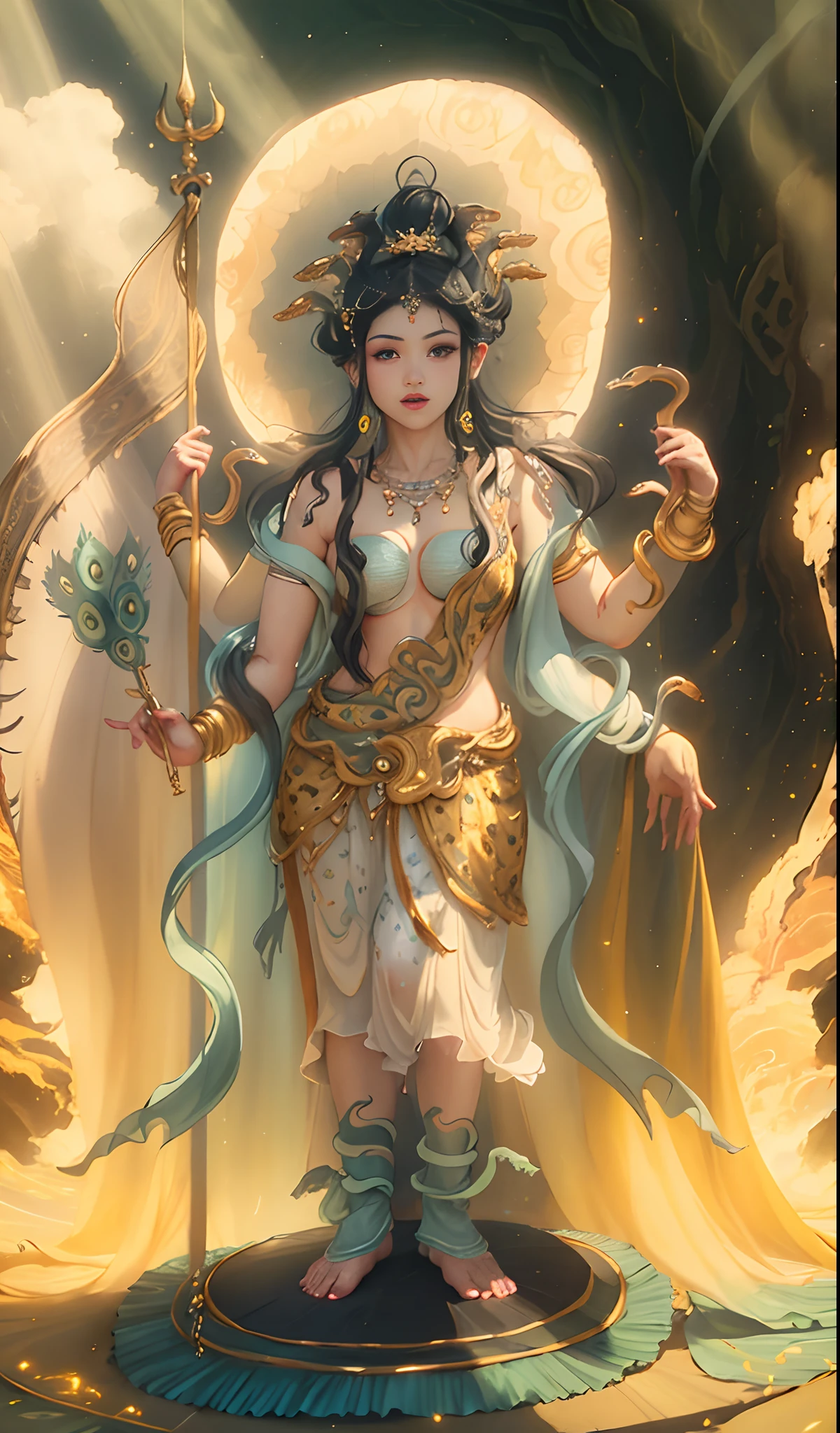 In the garden of the void, A beautiful  girl，green colored skin，Four arms，trident，Peacock Ling，Black snake in hand，The body is decorated with many black snakes，Leopard skin apron，Yellow skirt，white streamer，Delicate and radiant skin，Barefoot，（Long curved eyebrows），Beautiful eyes sparkle，The large, Jewel-like eyes sparkle，Clear pupils have reflected light，二重まぶた，Lying silkworm，looks into camera，（（Plump and rosy lips）） Clearly visible，（（Flushed cheeks）），The mandible is plump，Green skin is delicate and smooth，Delicate skin translucent，A delicate and dexterous crown，inlaid gemstones，Delicate and skillfully set gemstones，（Yellow dress），Perfectly designed jewelry is exquisite，Beautiful eyes looking directly at the camera，(((nice hand)))，（（（（Good feet））），（（（good legs））），Realistic skin，（（Correct body structure）），Yellow costume，Blue sky，Head background with round light，Behind him is a colorful rainbow circle，Color glow is turned on，Front lighting，Positive light，No shadows on the face，There are no shadows on the body，Blue sky，Unreal space，ethereal world，dreamworld，with blue sky and white clouds，tmasterpiece，4K，ultra-definition，professional photoshooting，Perspective looks up，Standard lens shooting，