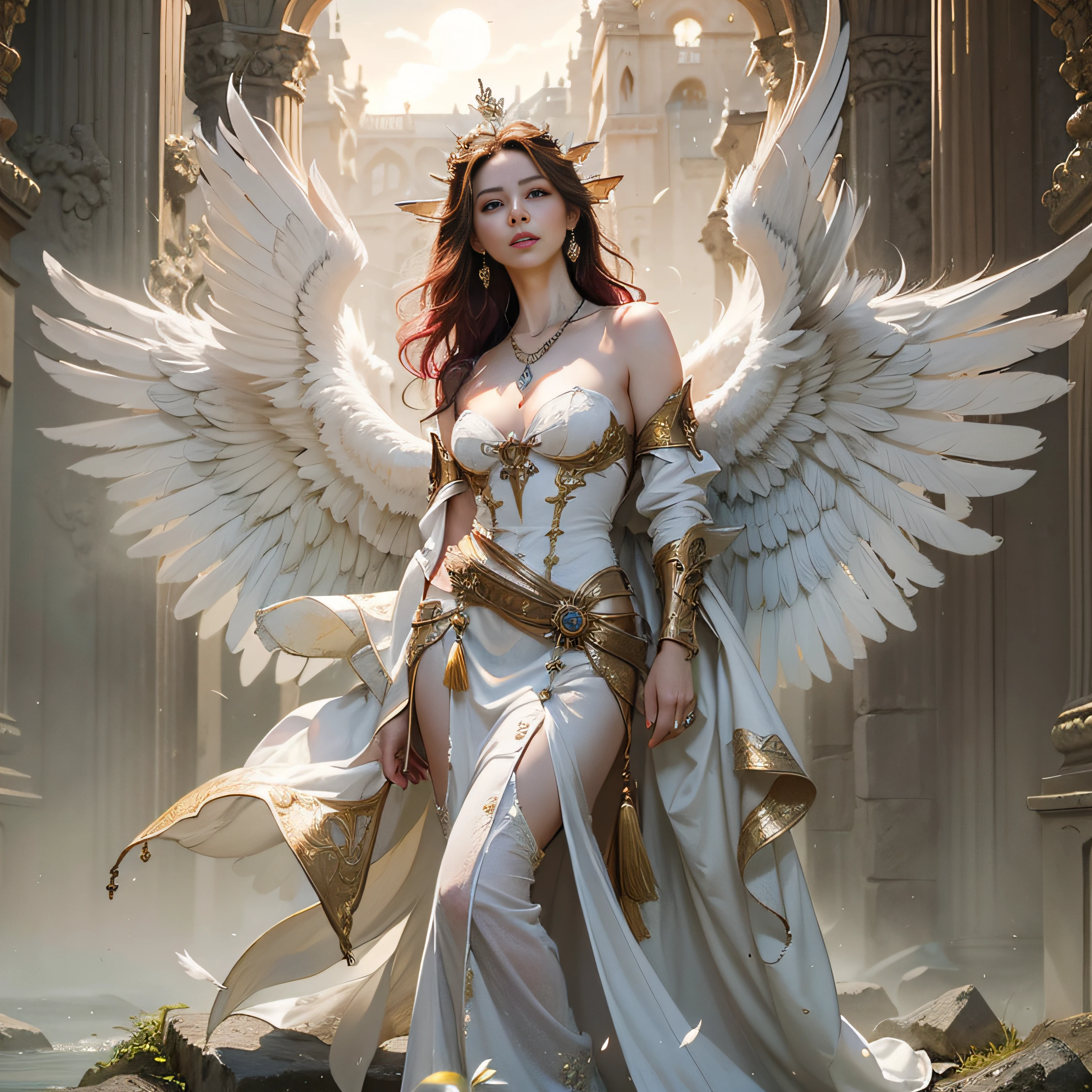 (Numerous award-winning masterpieces of, With incredible details, textures and maximum detail), ((full-body standing image)), (Ultra photo realsisim:1.4), (Realistic:1.3), (up of the upper body:0.3), (best quality real texture skin), (Fine true circle Symmetrical eyes), (Beautifully drawn beautiful face,) (A ring of divine radiance overhead:1.5), ((medieval world)), ((((black angel of the Lord, white angel of the Lord)))), ((full-body portraits)), (Beautiful kind eyes), (She has a mischievous smile on her face), (Colorful eyes are full of sympathy), Shining majestic cloud masses and sky, (halo optical phenomenon), (Angels dancing in the background), (Dramaticlight), (A majestic sight), (Her expression was serene and full of tenderness，Tremendously beautiful), ((large wings，There are pure white feathers behind the shoulders)), (((Folded wings))), Glass earrings on the ears, (((Dramatic photo))), (Twilight), (Sunset), (Dusk), (Divine pose), (Golden hair), (Silver hair), (maroon hair), short detailed hair, ((head looking up)), ((Looking down)), ((gives full-body standing image)), (Around her neck is a simple necklace of exquisite workmanship), Old ruins infested with plants, great temple, great cathedral, Temple ruins, detached temple, (Luminous magic circle), Ancient Castle Site, Deserted ruins, crumbling ruins, Ancient ruins with clear water, wavelets, running water, holy rays, epic realistic, ((com cores neutras)), (hdr:1.5), (pastel colour:1.2), ultra - detailed, Cinematic, warm lights, Dramaticlight, (Intricate details:1.1), the complex background,