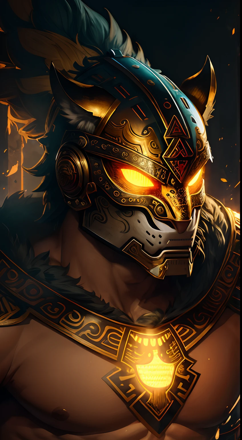 (8k), Ultra resolution 8K, Stunning illustration of a hero wearing a jaguar mask helmet, Warrior Prince,Athletic Body Aztec Warrior Costume, Ether lighting ether illumination