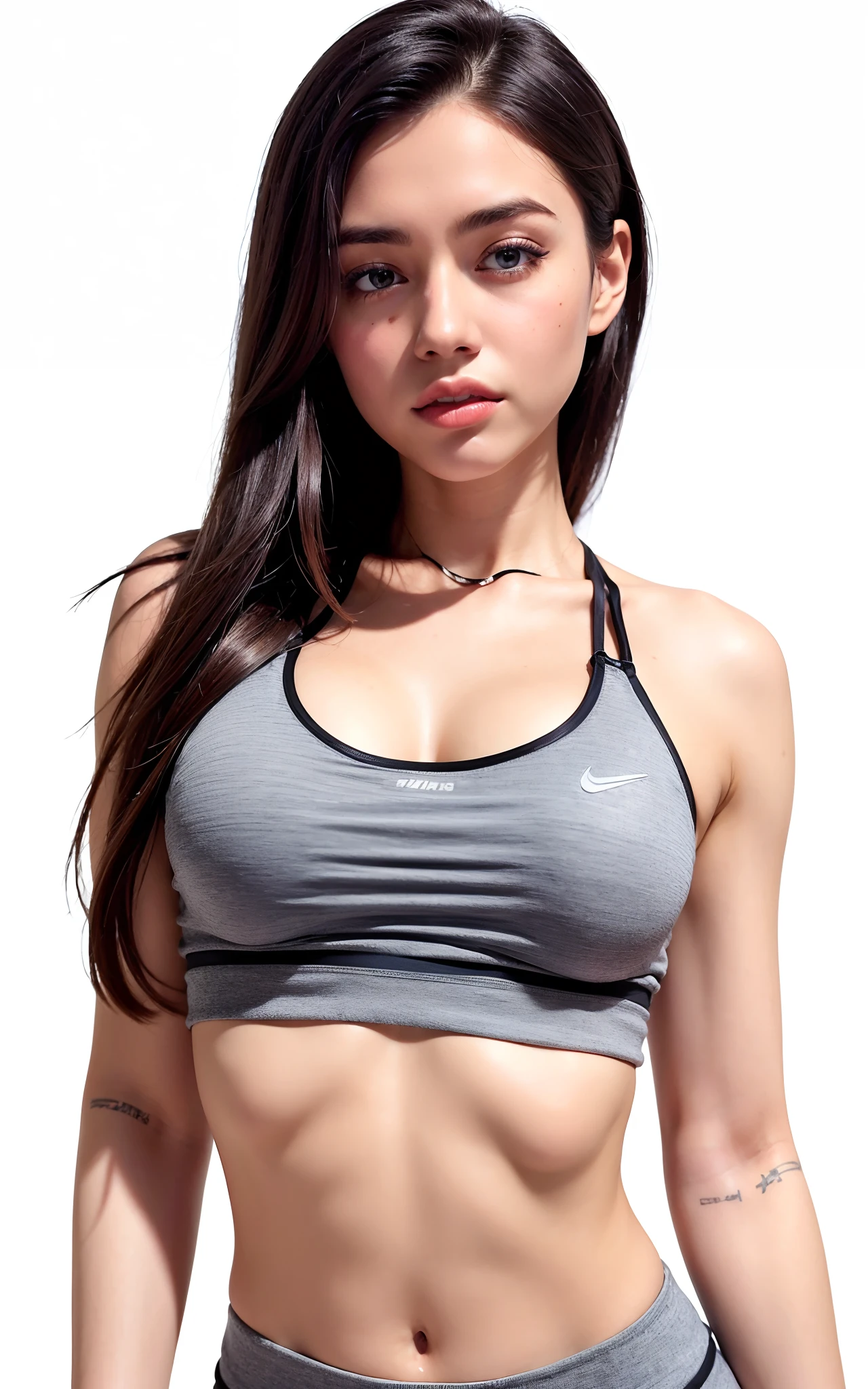 A closeup of a gorgeous woman in a gray sports bra top, sports bra, Esporte bom, brassier, sport bra and shirt, detailed sports bra, sport bra and shorts, roupas esportivas, Bralette, roupas esportivas, two piece workout clothes, tight push up bra, camisa Nike, sport bra and dark blue shorts, roupas esportivas fofas, in a bra