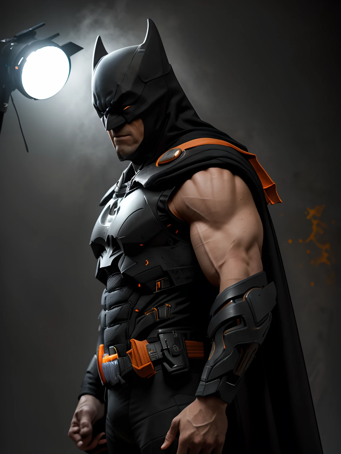 analog style, masterpiece, 8k, uhd, hdr, dslr, high quality, film grain, Fujifilm XT3, soft lighting, ring light, studio lighting, dark shadows, (blacklight backlight), Wide angle Environmental shot, raw digital photo of batman, ((orange and white)) , volumetric lighting, foggy, misty, light reflections, bokeh trending on artstation, sharp focus, studio photo, intricate details, highly detailed