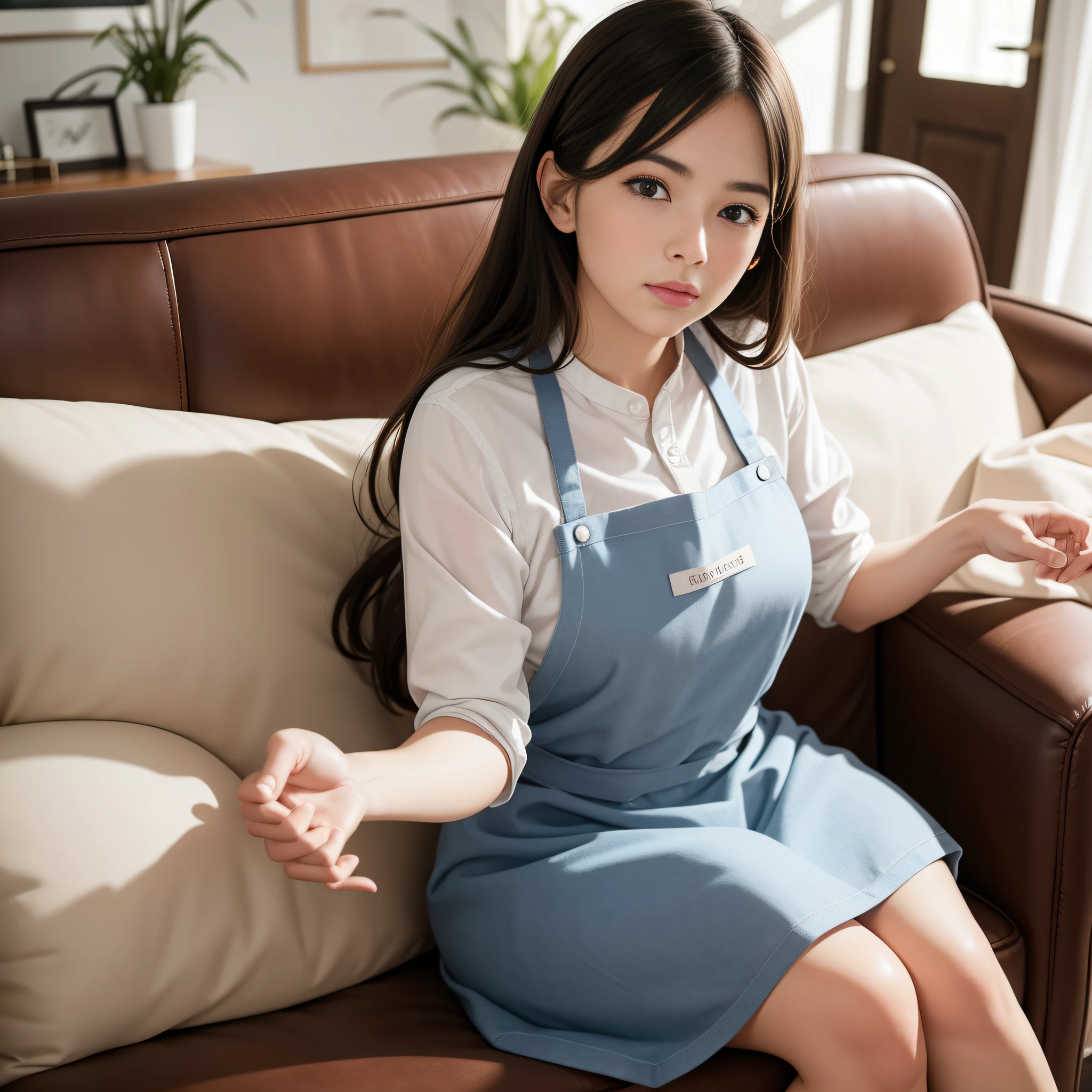 1 woman,Housewear,aprons,in living room,desks,sitting in the couch,sface focus,looks into camera