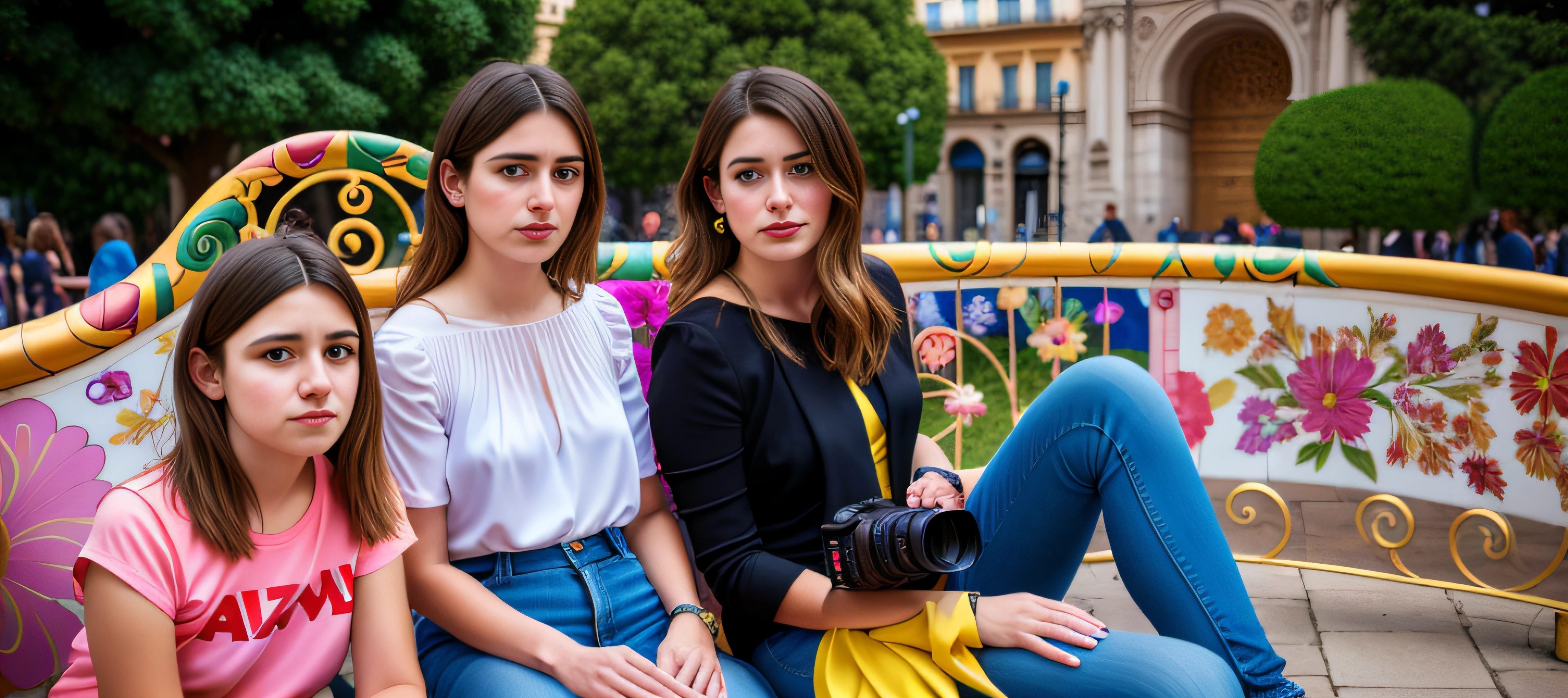 three women sitting on a bench with a camera in front of them, in barcelona, a picture, photo portrait, in spain, portrait photo, foto, vacation photo, portrait picture, profile pic, portait photo, profile image, posed, taken in the early 2020s, maia sandu hyperrealistic, photo taken in 2020