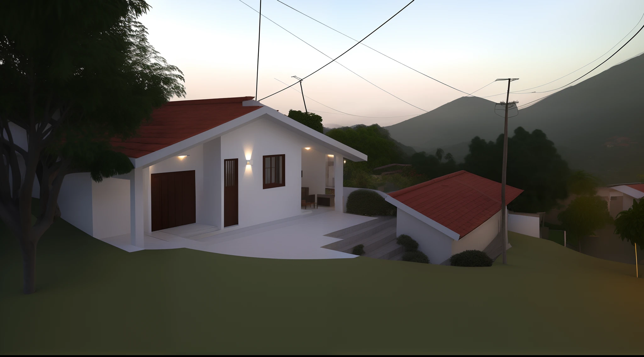 There is a small white house with a red roof and a red tile roof, Lumion Pro Rendering, Directed by: CeFerí Olivé, vista externa, Vista exterior, Casa completa, imagem frontal, casa de aldeia, Location ( favela ), visto de fora, uma casa, Casa colonial no fundo, by Rodolfo Amoedo, Casas, Directed by: Willian Murai, vista frontal, casa velha, vista frontal
