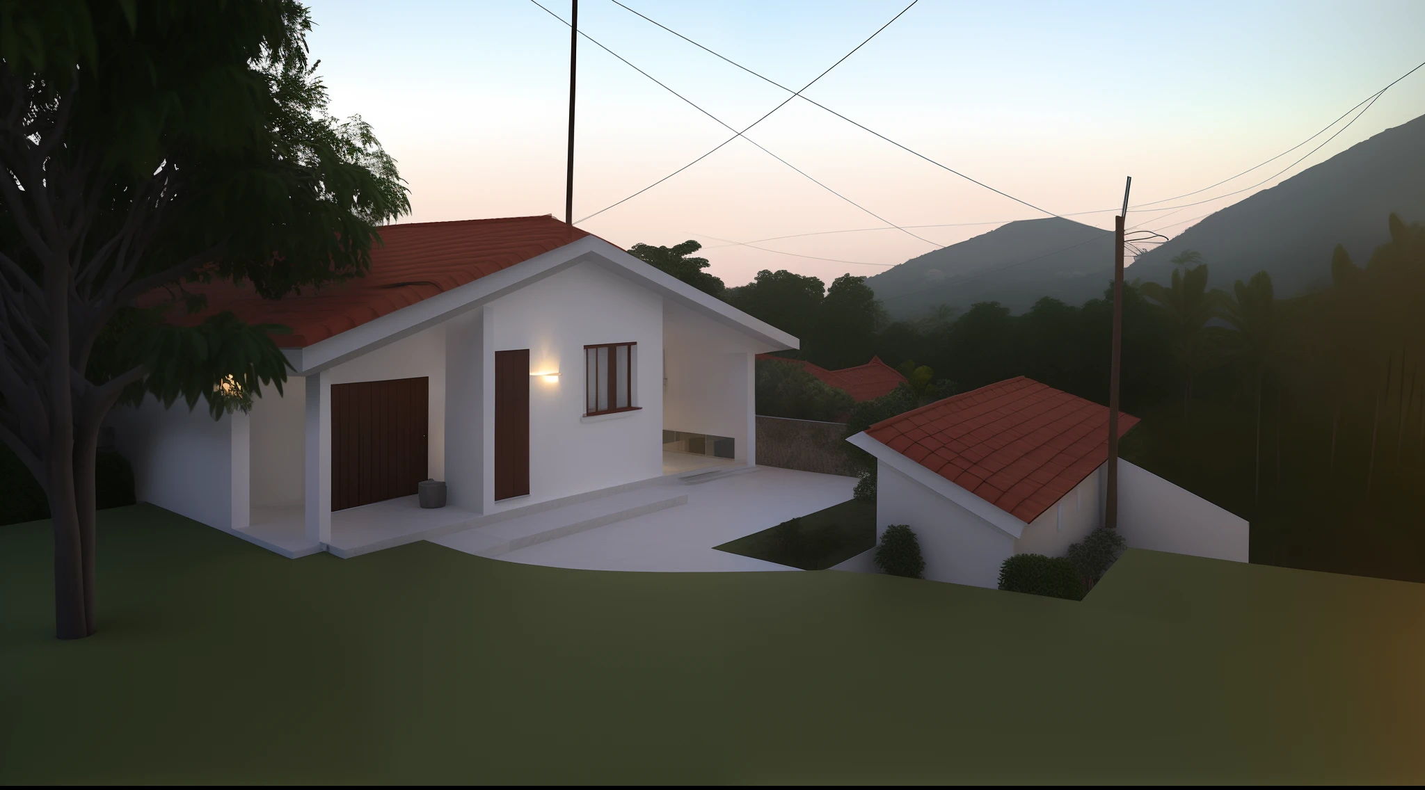 There is a small white house with a red roof and a red tile roof, Lumion Pro Rendering, Directed by: CeFerí Olivé, vista externa, Vista exterior, Casa completa, imagem frontal, casa de aldeia, Location ( favela ), visto de fora, uma casa, Casa colonial no fundo, by Rodolfo Amoedo, Casas, Directed by: Willian Murai, vista frontal, casa velha, vista frontal