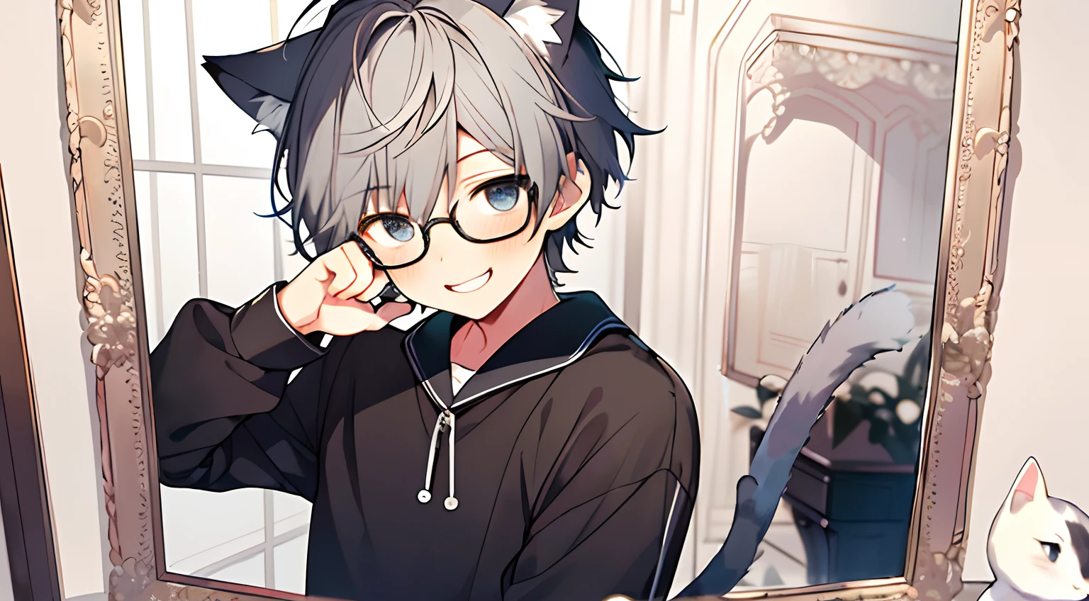 ((masterpiece)),(((best quality))), (high-quality, breathtaking),(expressive eyes, perfect face), 1boy, solo, male, short, young, boy, short gray hair, black eyes, cat ears,cat tail, smiling, wearing round glasses, blushing, animal pyjamas, stuff animal, cute,stand in front of the mirror